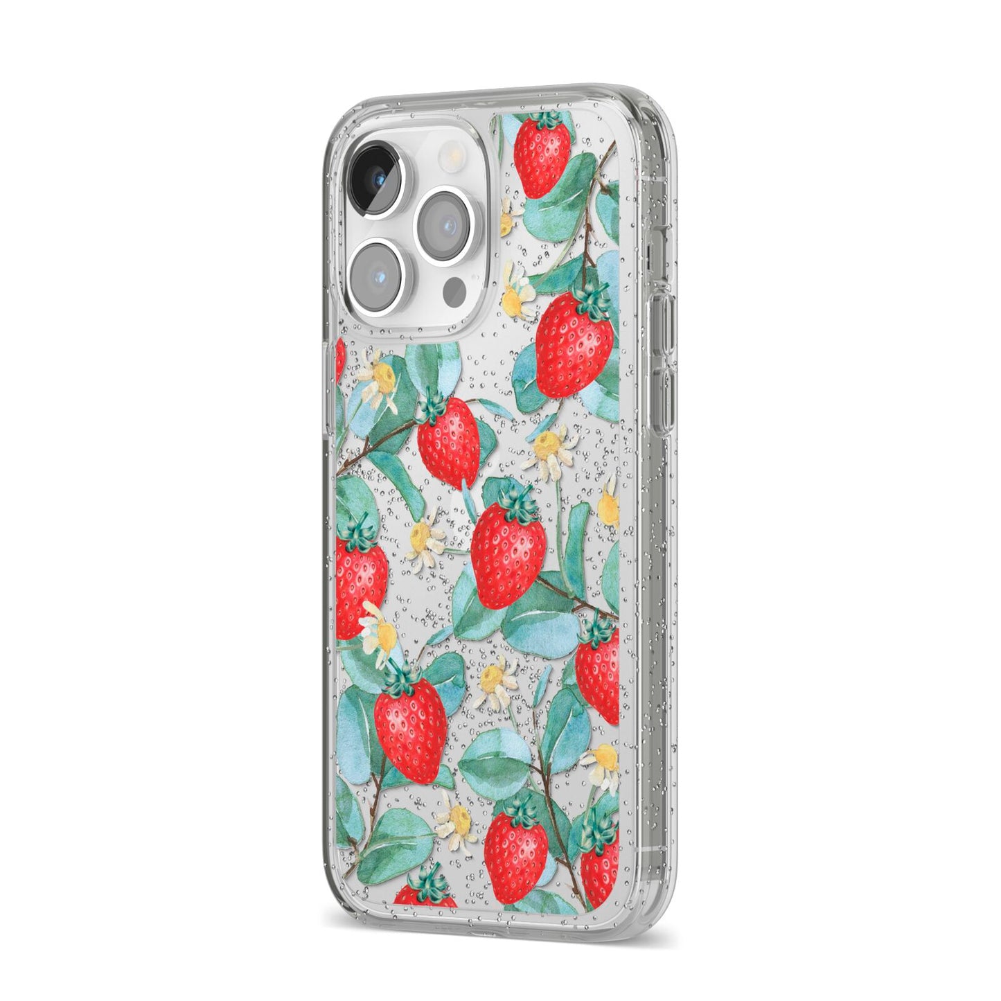 Strawberry Plant iPhone 14 Pro Max Glitter Tough Case Silver Angled Image