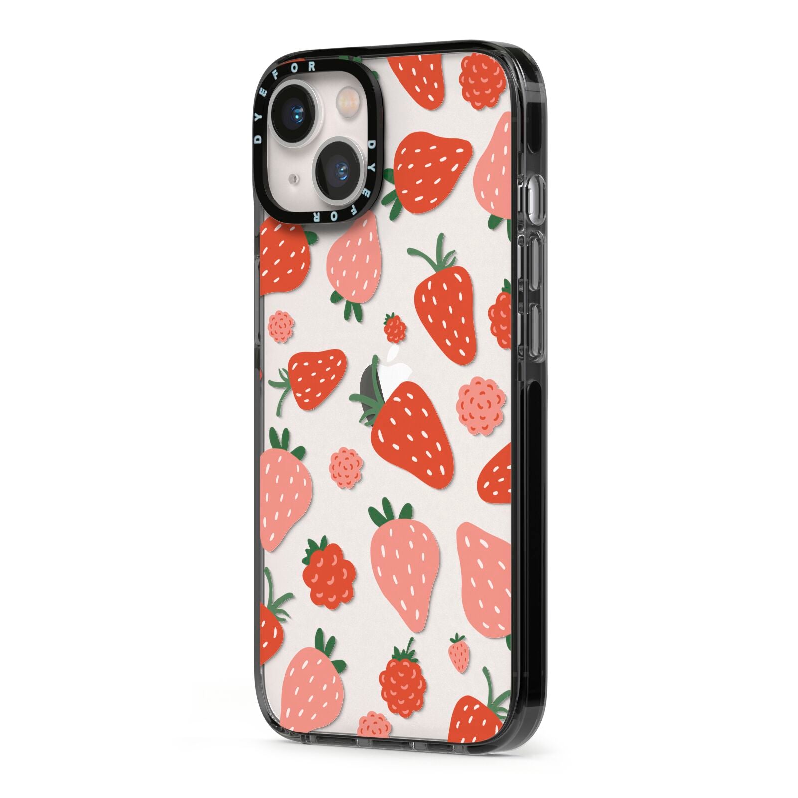 Strawberry iPhone 13 Black Impact Case Side Angle on Silver phone