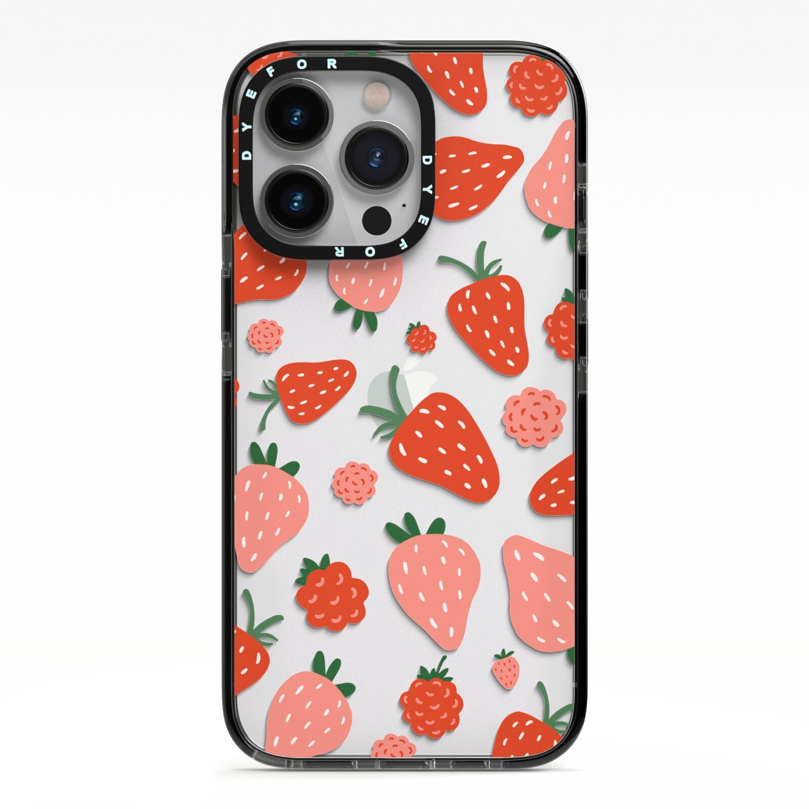 Strawberry iPhone 13 Pro Black Impact Case on Silver phone