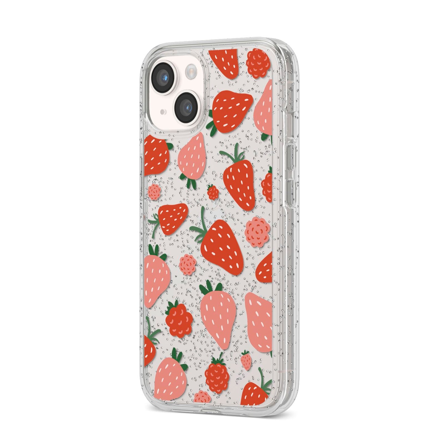 Strawberry iPhone 14 Glitter Tough Case Starlight Angled Image