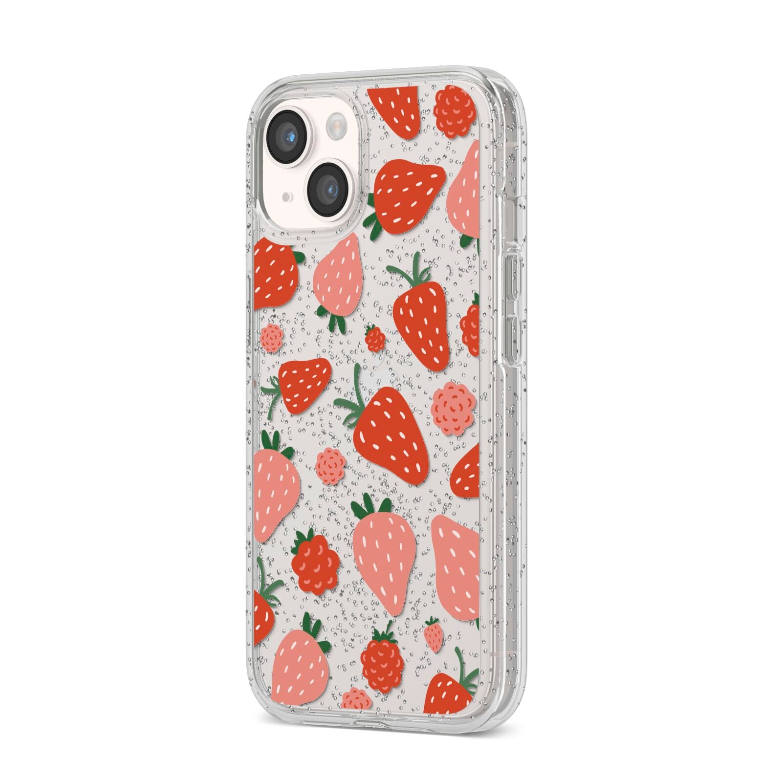 Strawberry iPhone 14 Glitter Tough Case Starlight Angled Image