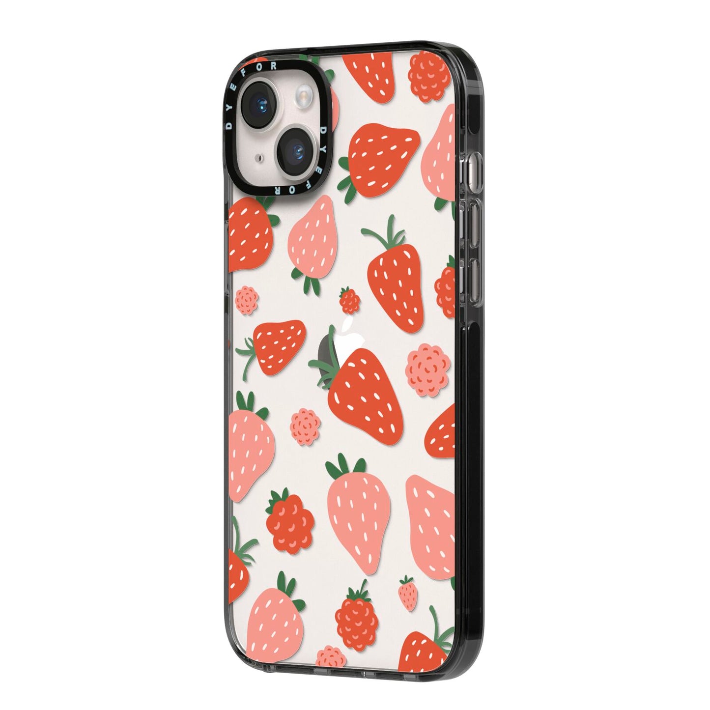 Strawberry iPhone 14 Plus Black Impact Case Side Angle on Silver phone