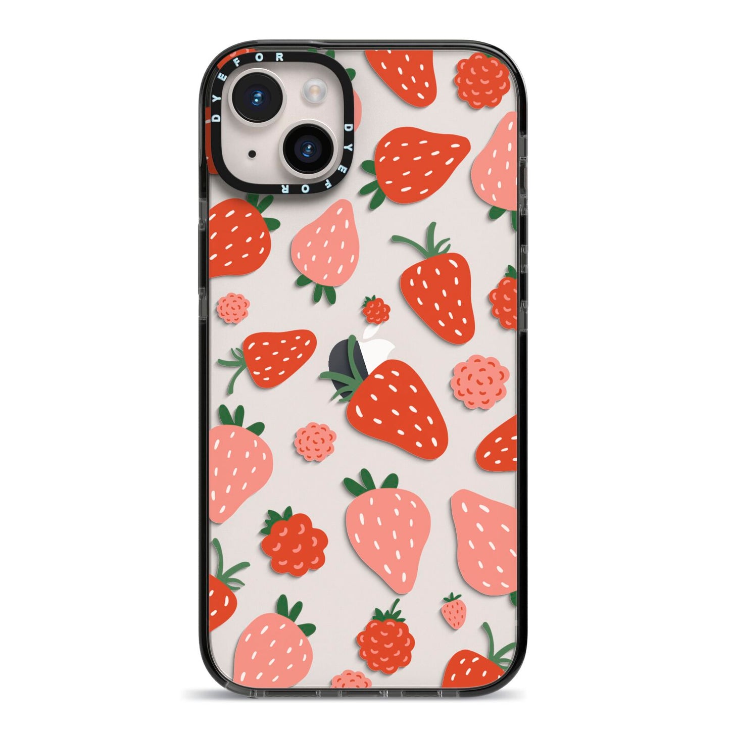 Strawberry iPhone 14 Plus Black Impact Case on Silver phone