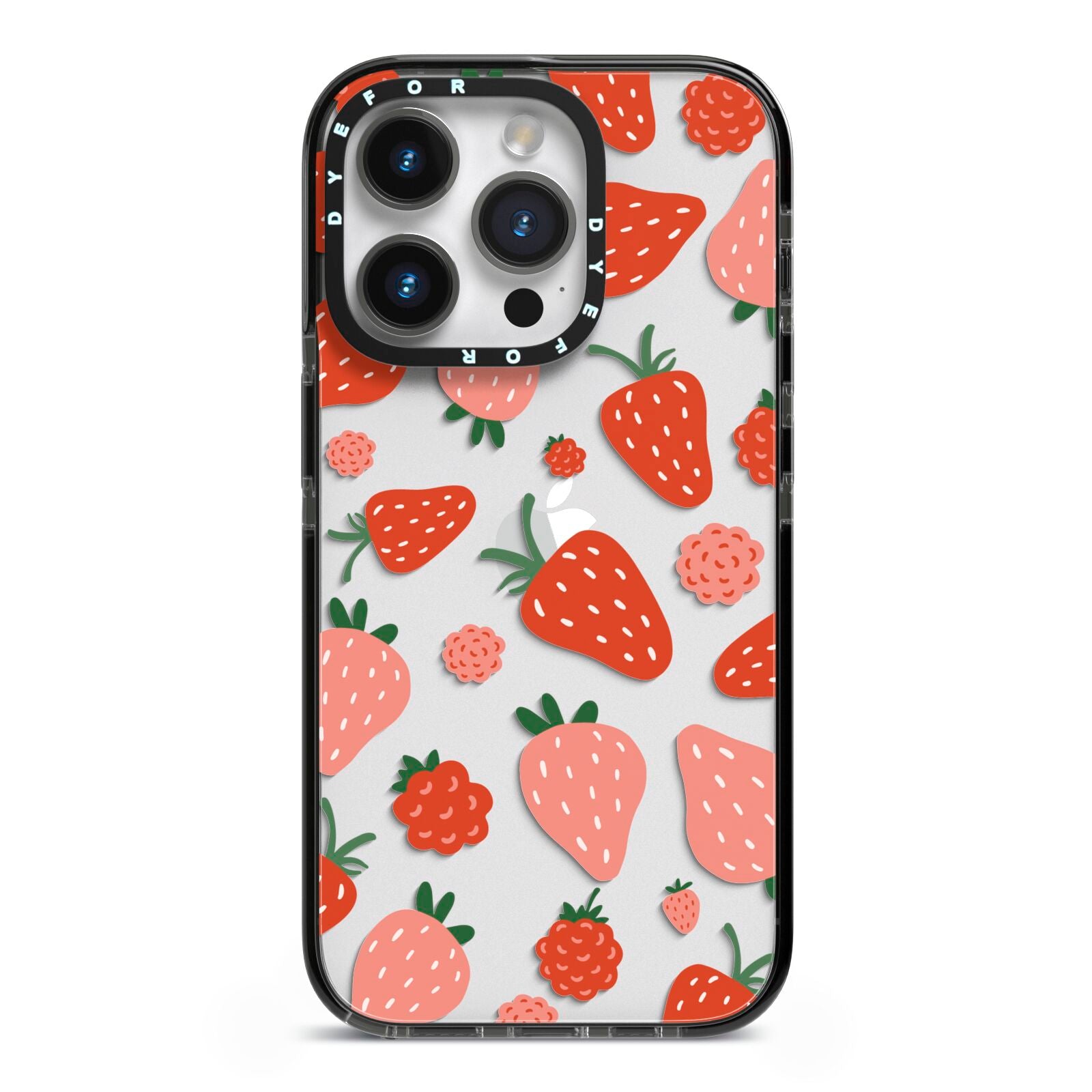 Strawberry iPhone 14 Pro Black Impact Case on Silver phone