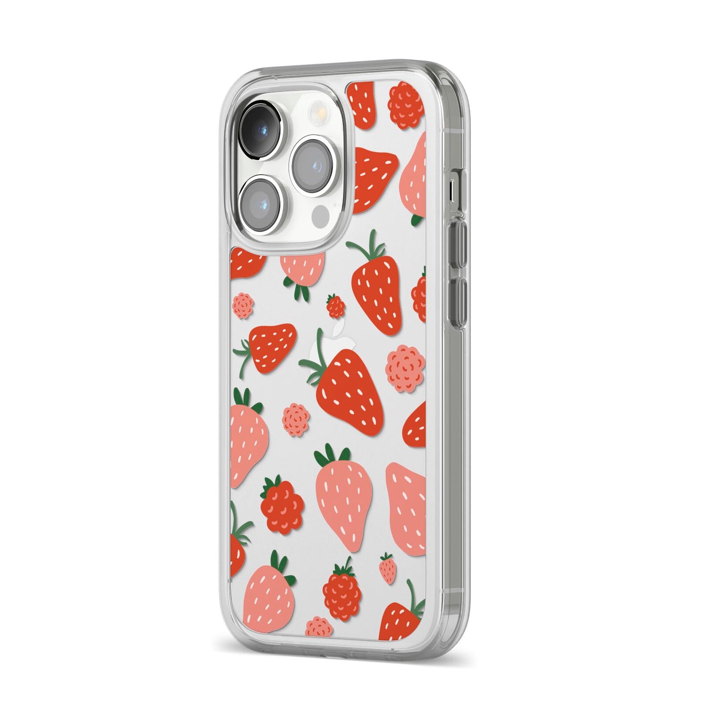 Strawberry iPhone 14 Pro Clear Tough Case Silver Angled Image