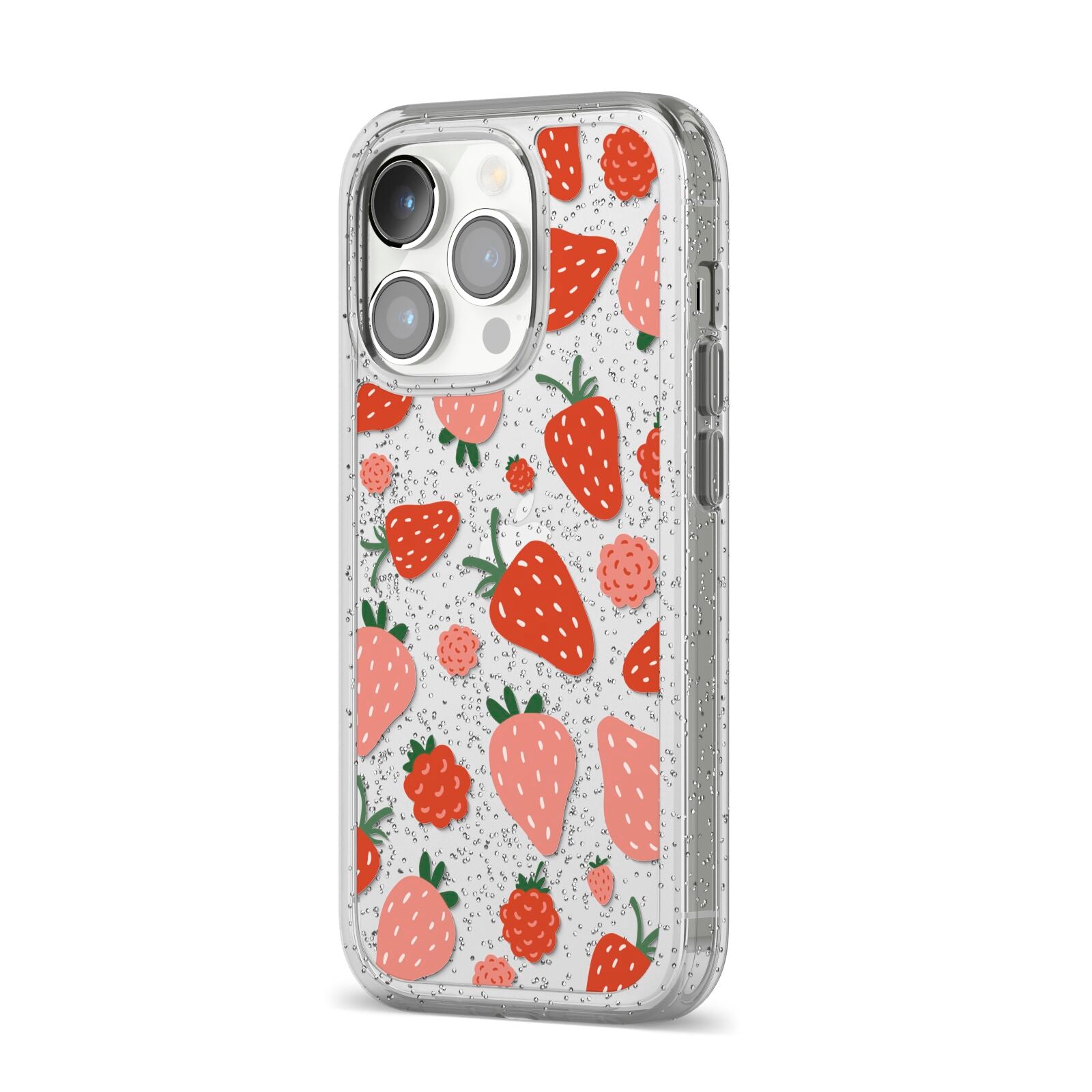 Strawberry iPhone 14 Pro Glitter Tough Case Silver Angled Image