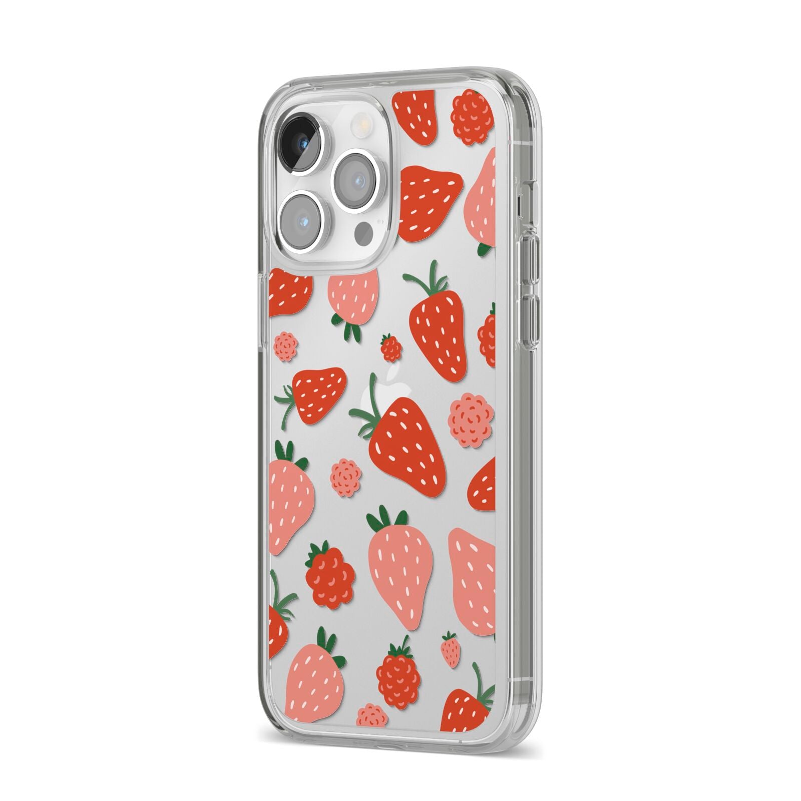 Strawberry iPhone 14 Pro Max Clear Tough Case Silver Angled Image