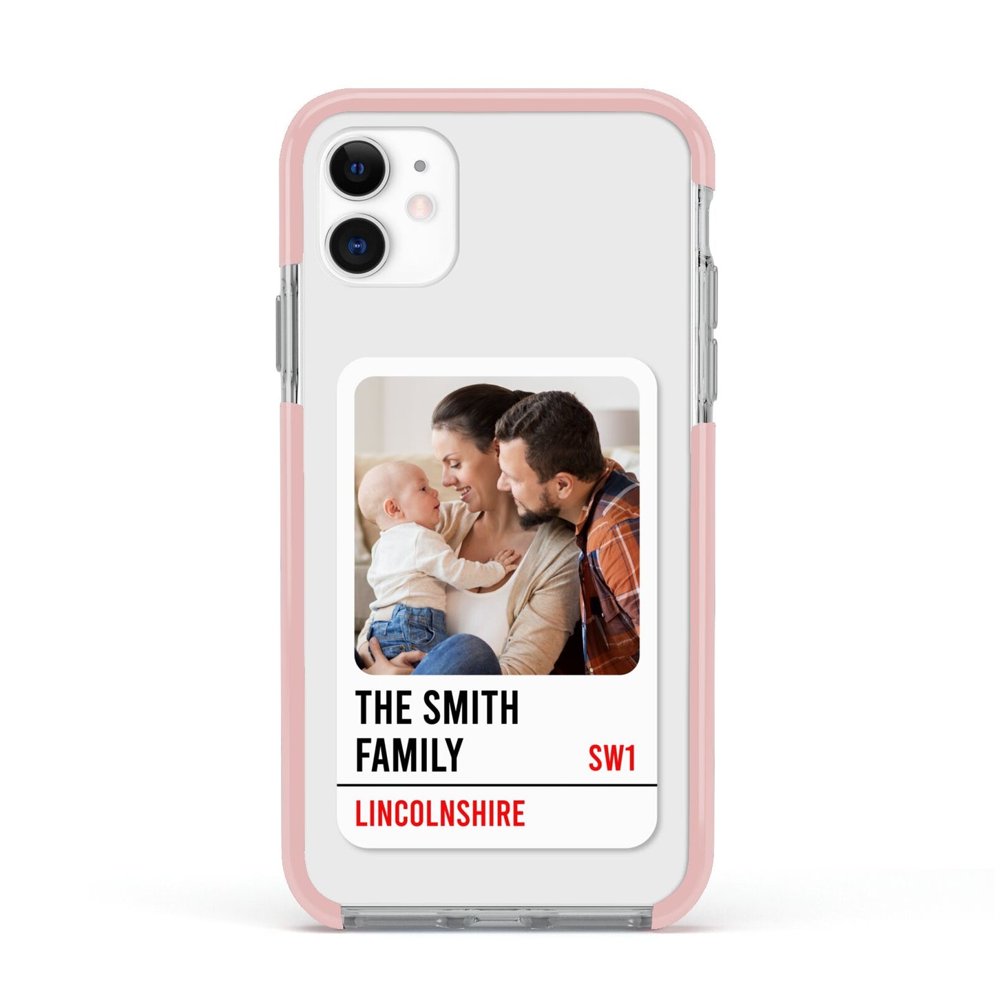 Street Sign Family Photo Upload Apple iPhone 11 in White with Pink Impact Case