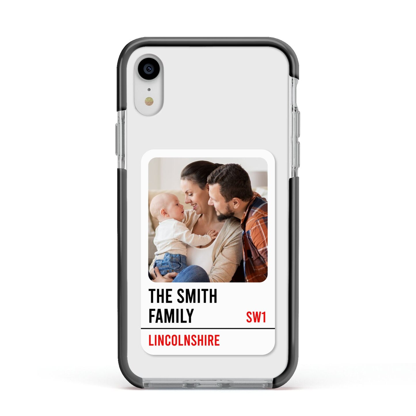 Street Sign Family Photo Upload Apple iPhone XR Impact Case Black Edge on Silver Phone