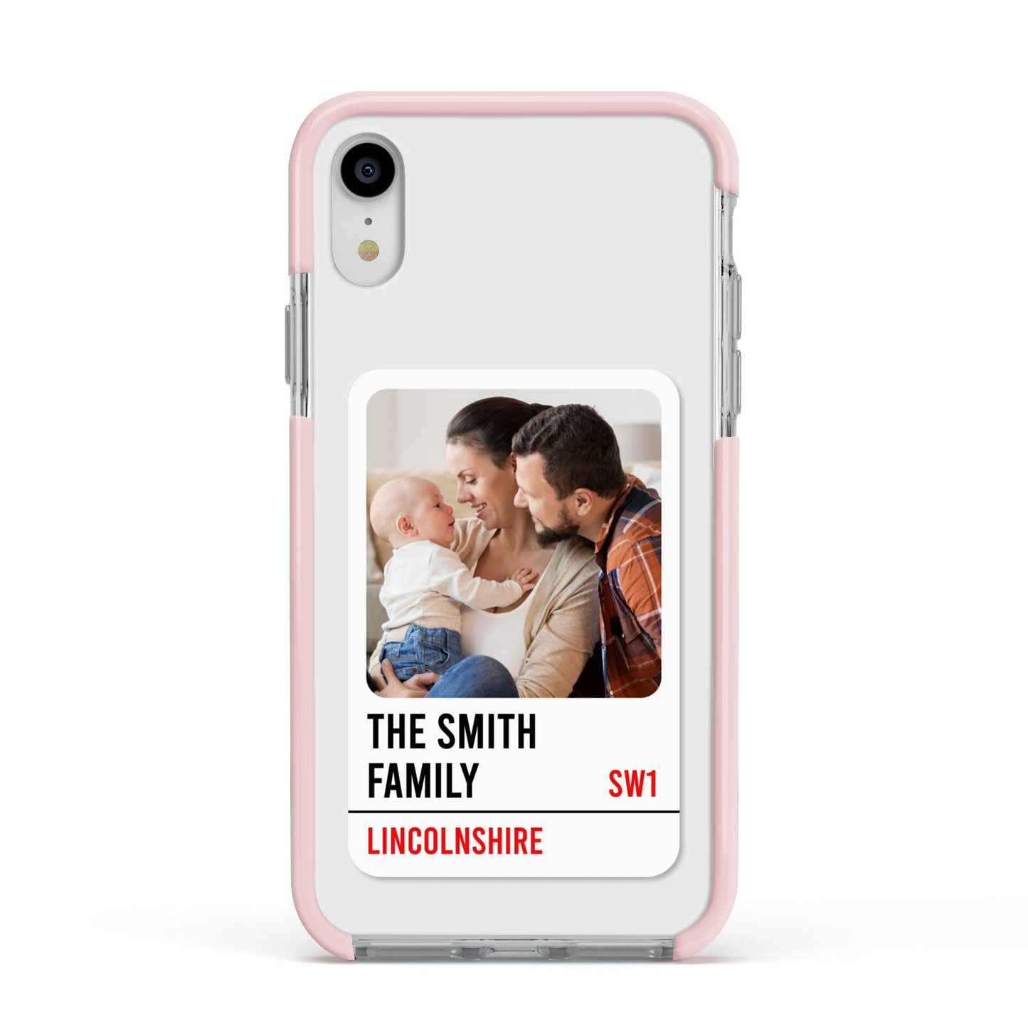 Street Sign Family Photo Upload Apple iPhone XR Impact Case Pink Edge on Silver Phone