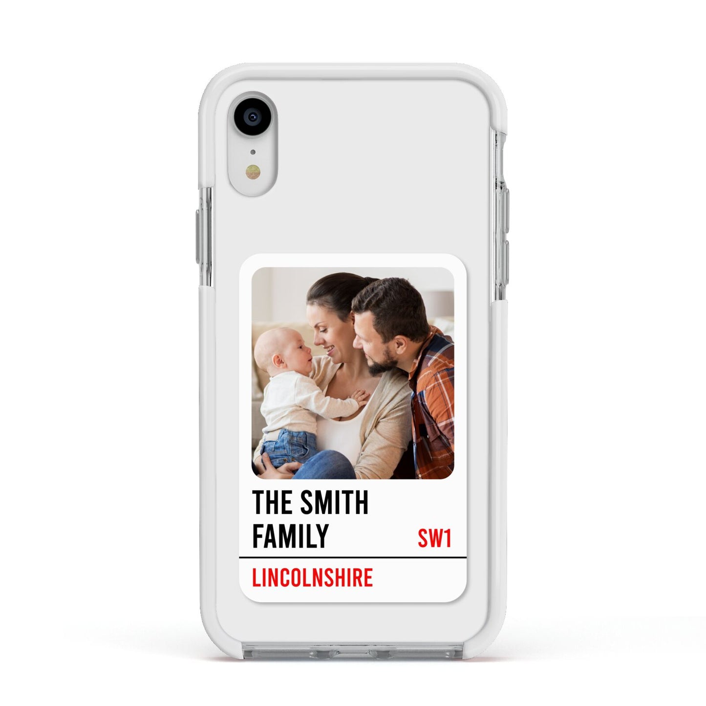 Street Sign Family Photo Upload Apple iPhone XR Impact Case White Edge on Silver Phone