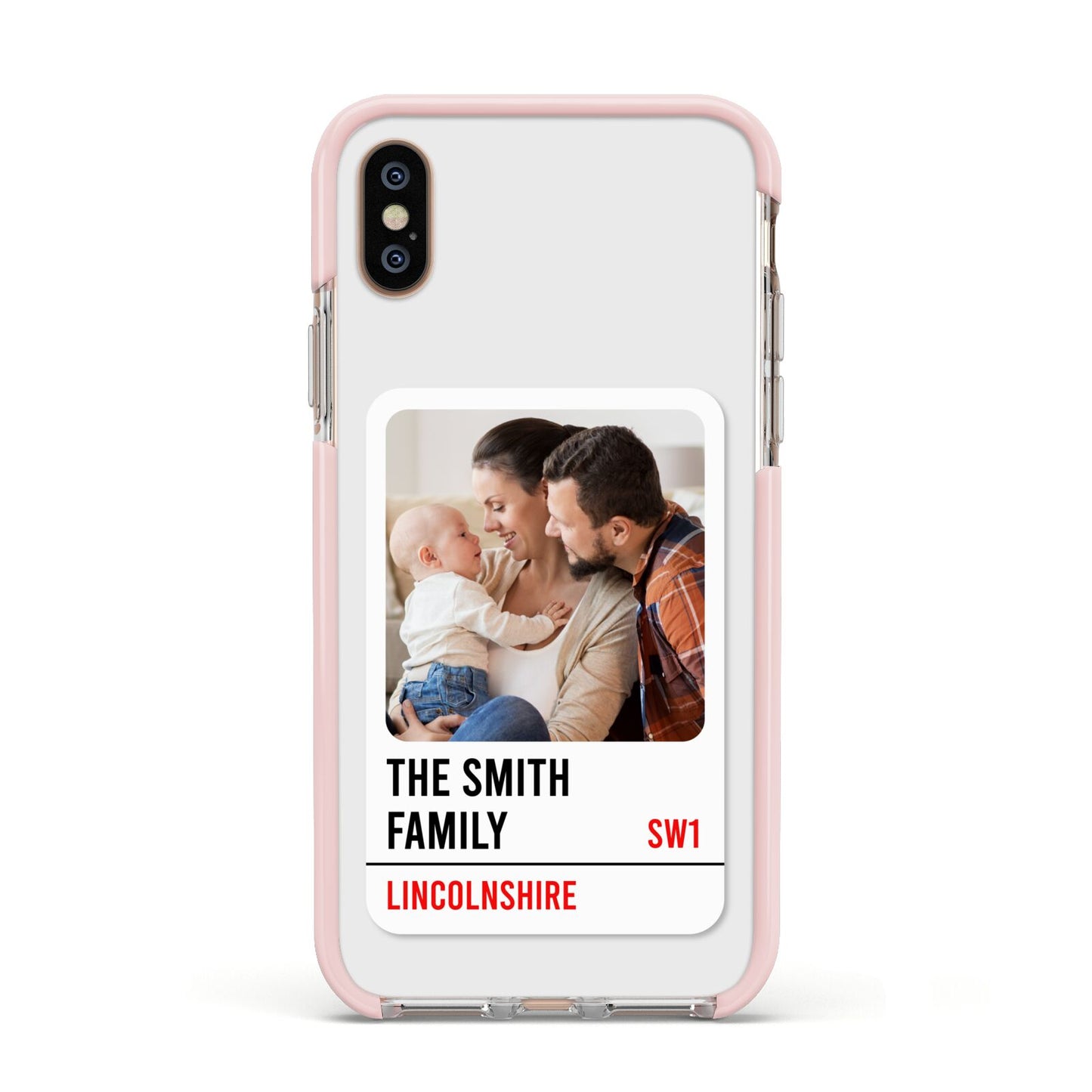 Street Sign Family Photo Upload Apple iPhone Xs Impact Case Pink Edge on Gold Phone