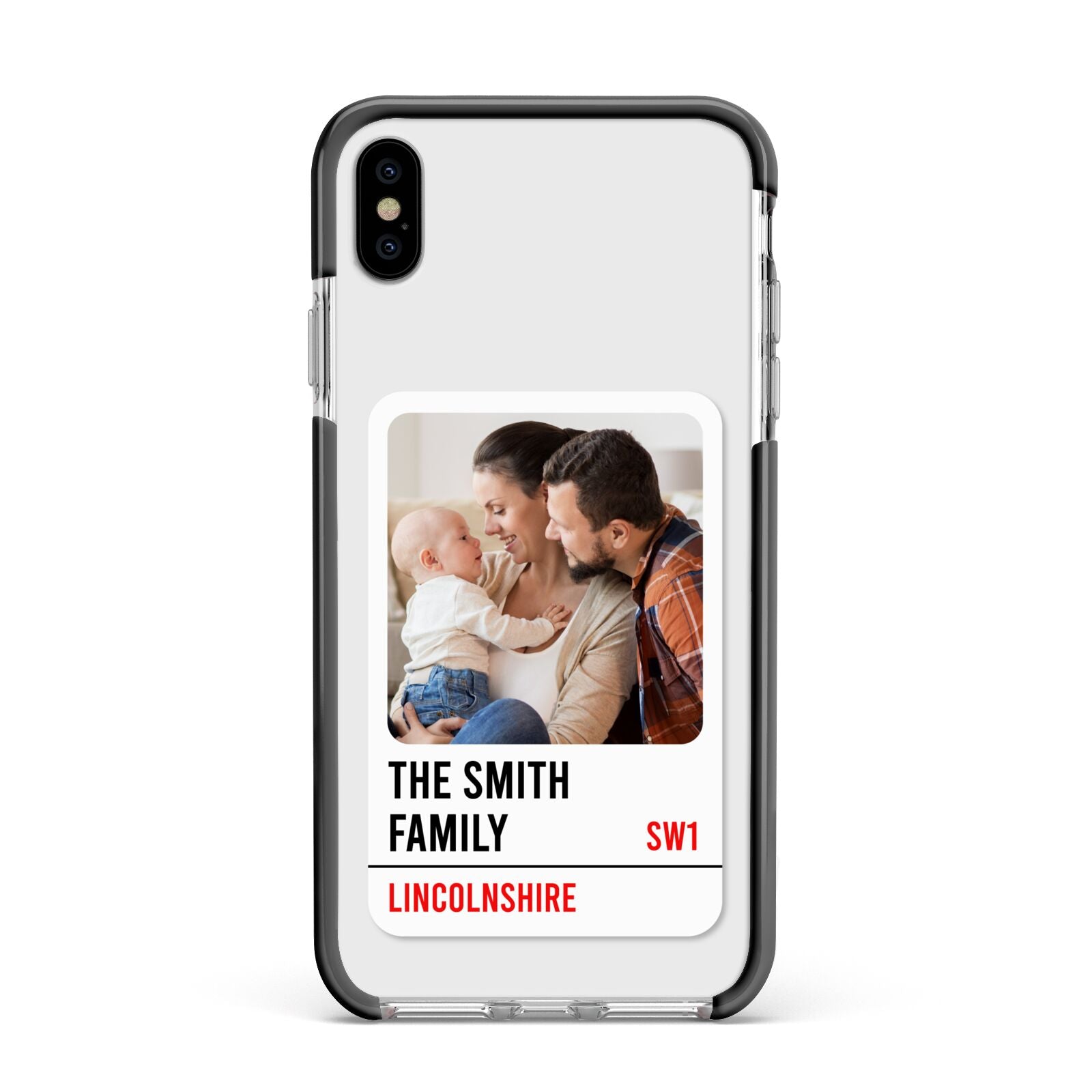 Street Sign Family Photo Upload Apple iPhone Xs Max Impact Case Black Edge on Silver Phone