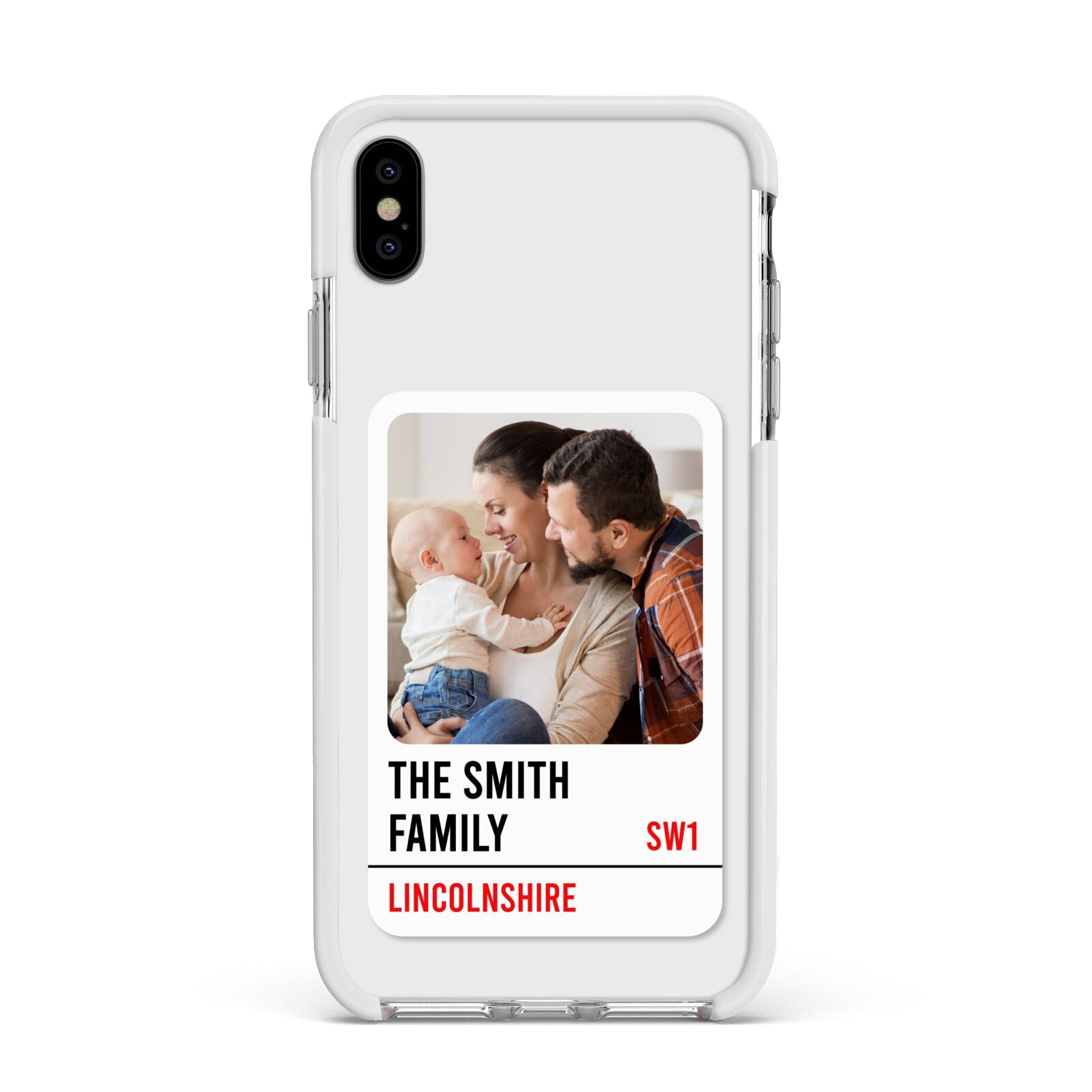 Street Sign Family Photo Upload Apple iPhone Xs Max Impact Case White Edge on Silver Phone