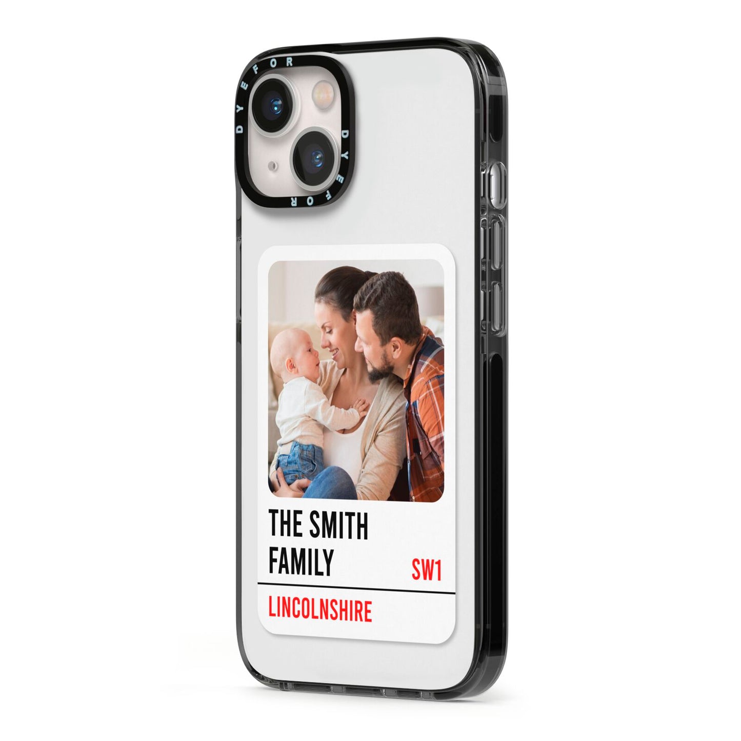 Street Sign Family Photo Upload iPhone 13 Black Impact Case Side Angle on Silver phone
