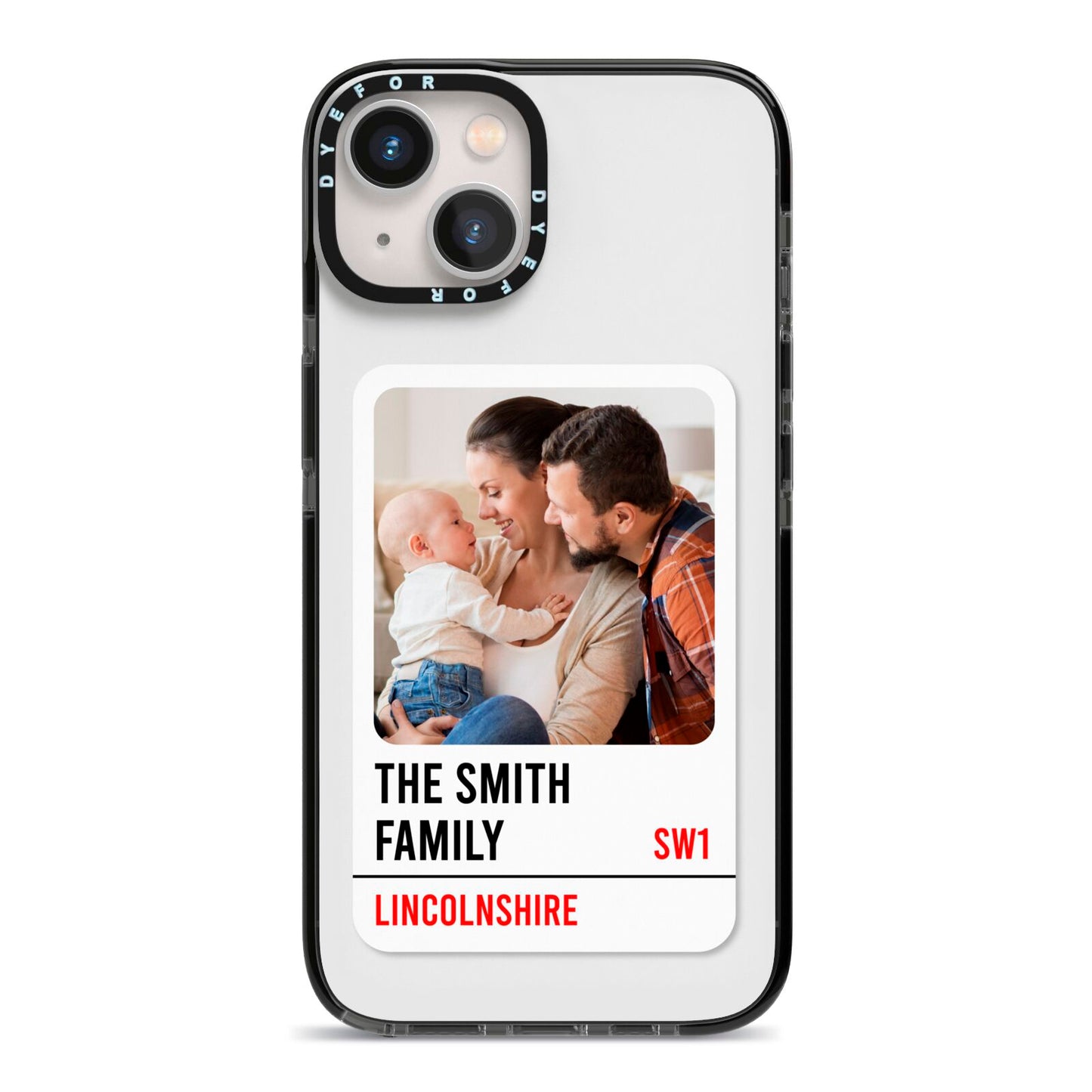 Street Sign Family Photo Upload iPhone 13 Black Impact Case on Silver phone