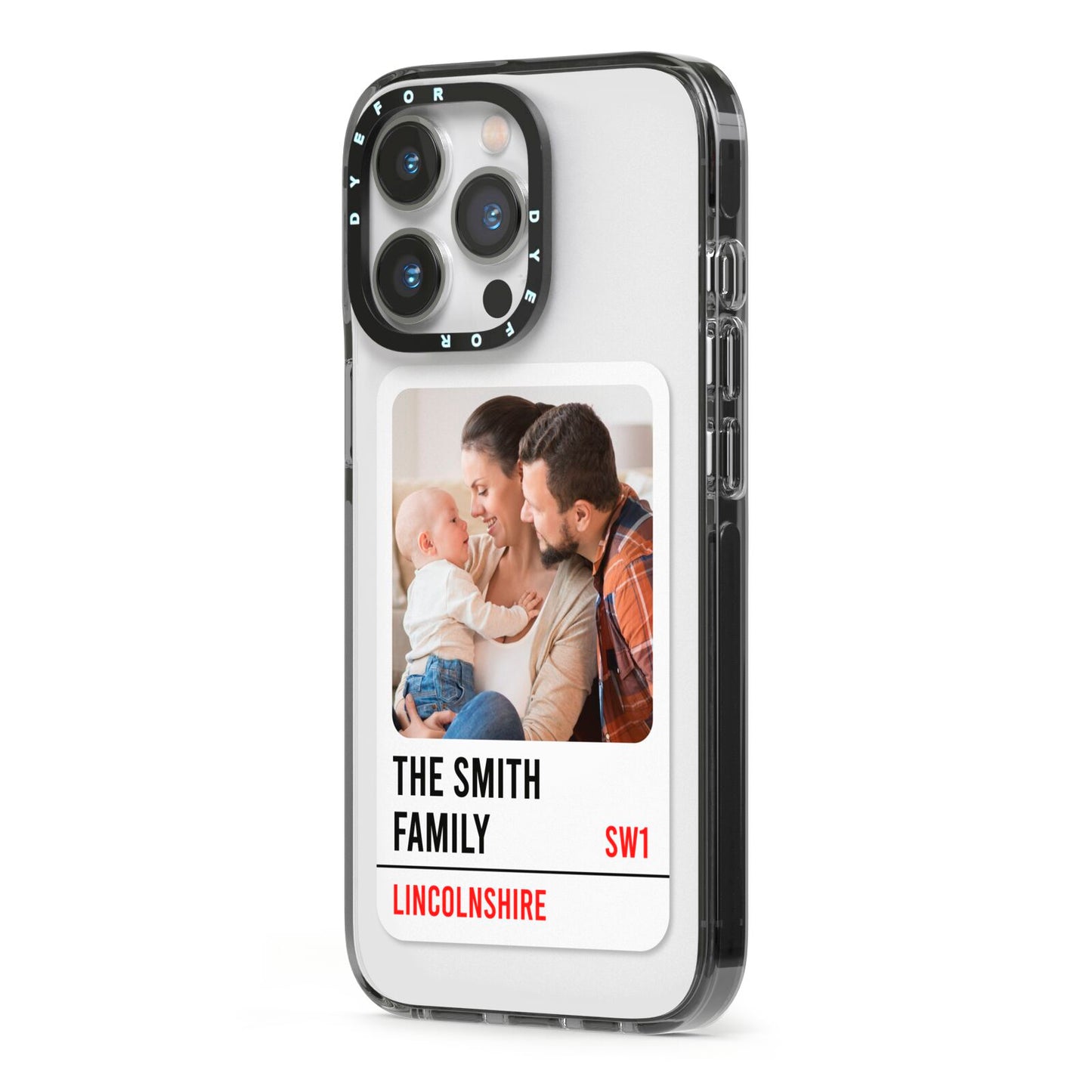Street Sign Family Photo Upload iPhone 13 Pro Black Impact Case Side Angle on Silver phone