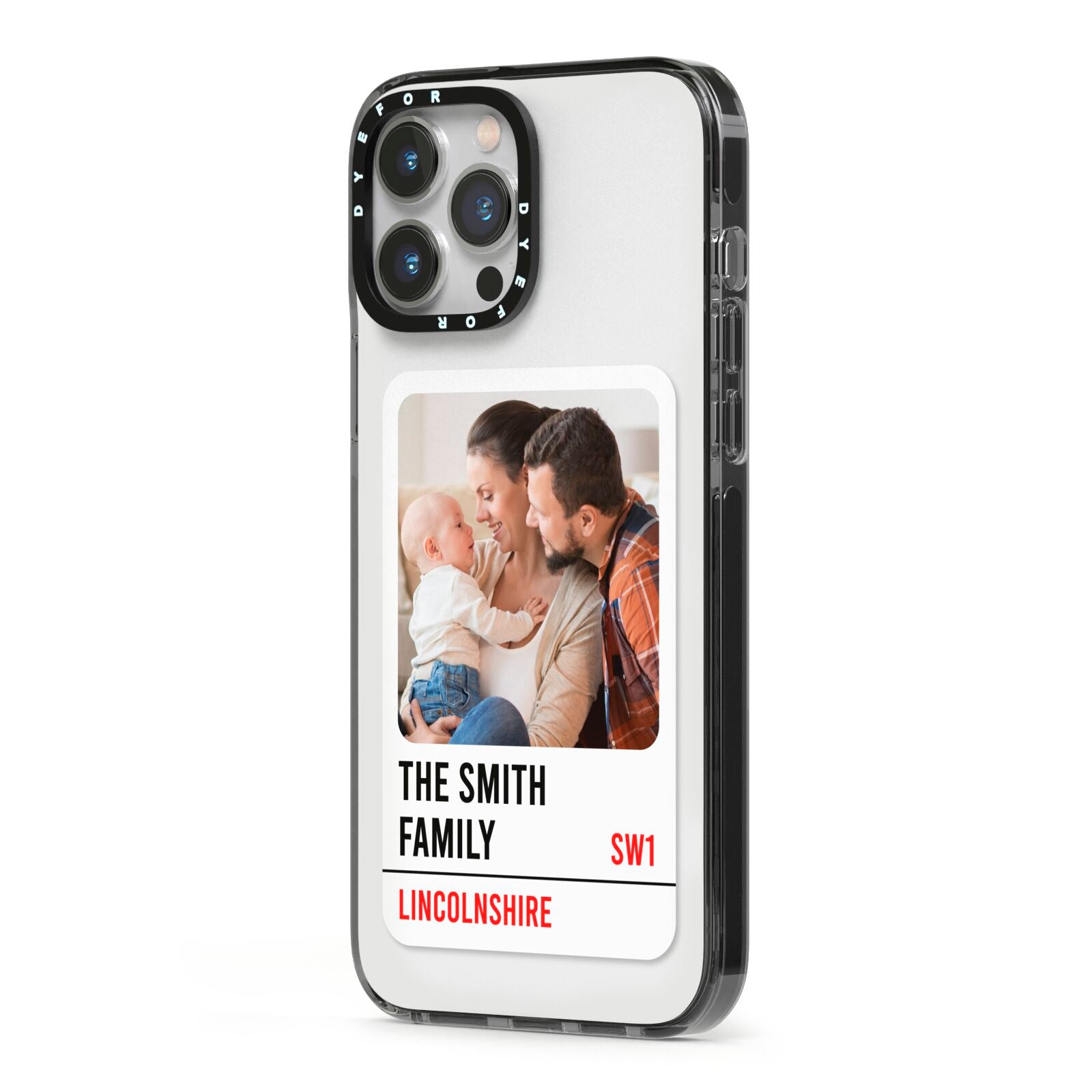Street Sign Family Photo Upload iPhone 13 Pro Max Black Impact Case Side Angle on Silver phone