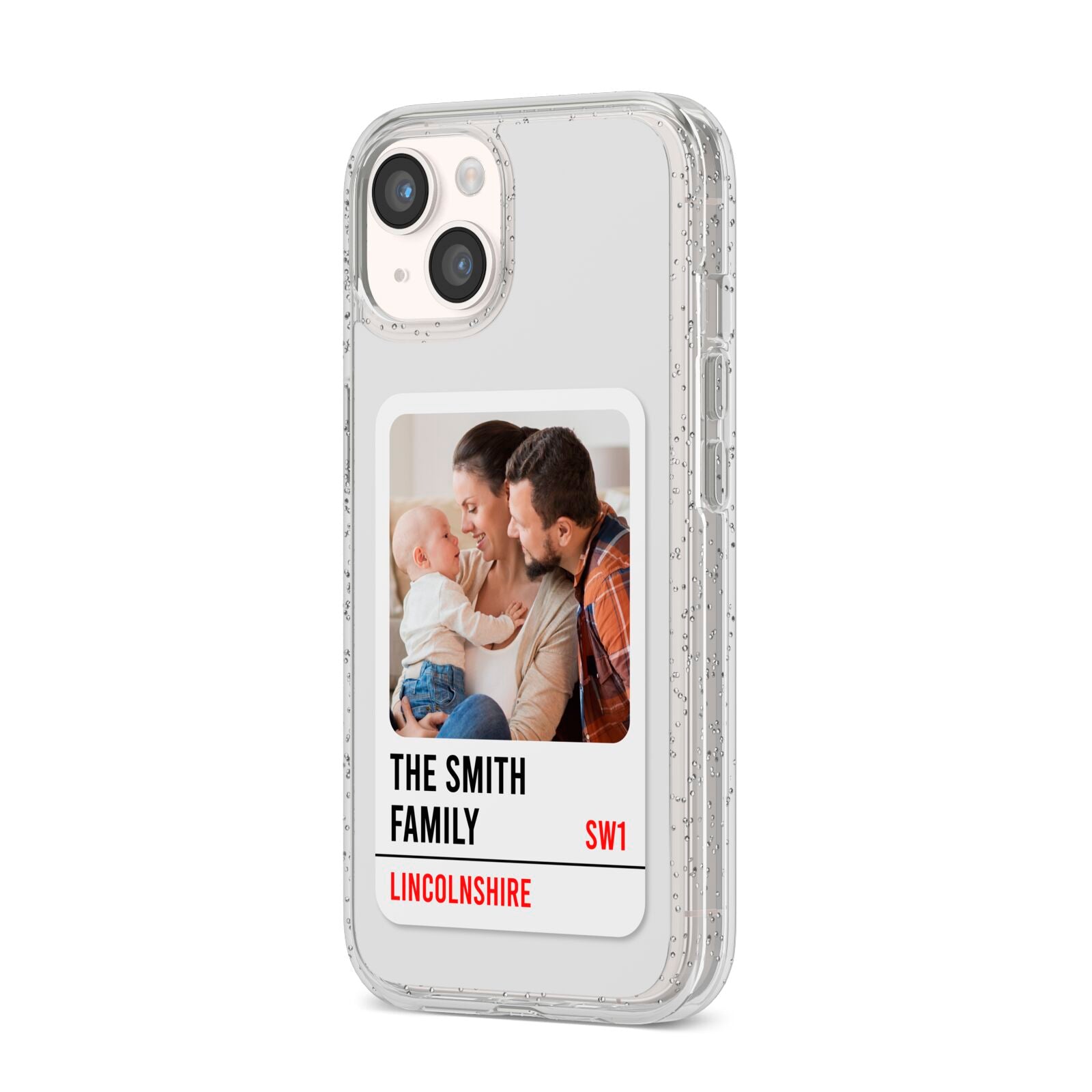 Street Sign Family Photo Upload iPhone 14 Glitter Tough Case Starlight Angled Image