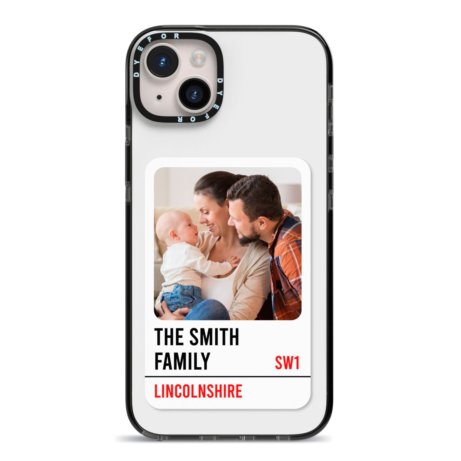 Street Sign Family Photo Upload iPhone 14 Plus Black Impact Case on Silver phone