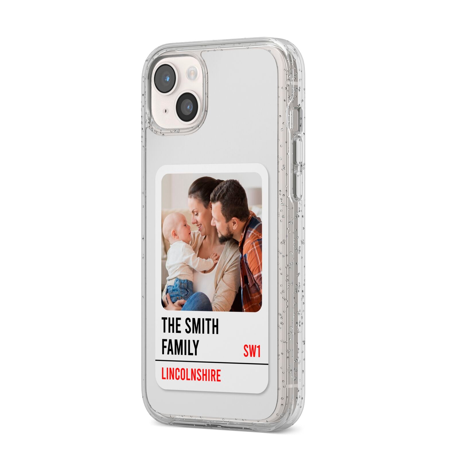 Street Sign Family Photo Upload iPhone 14 Plus Glitter Tough Case Starlight Angled Image