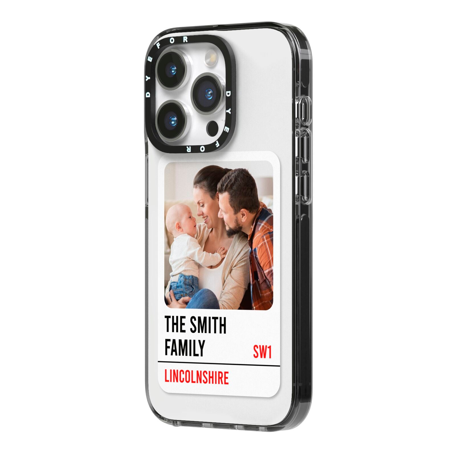 Street Sign Family Photo Upload iPhone 14 Pro Black Impact Case Side Angle on Silver phone