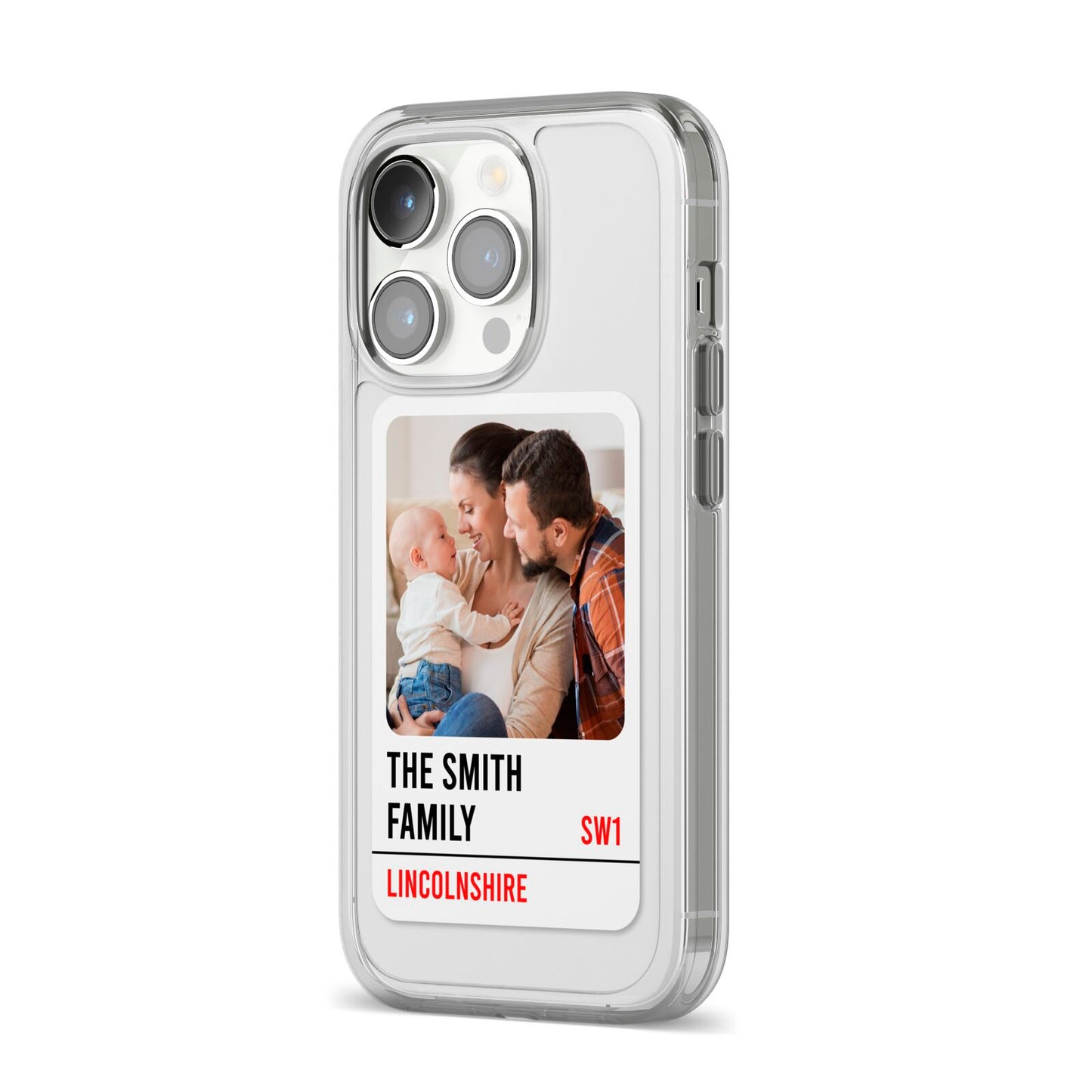 Street Sign Family Photo Upload iPhone 14 Pro Clear Tough Case Silver Angled Image