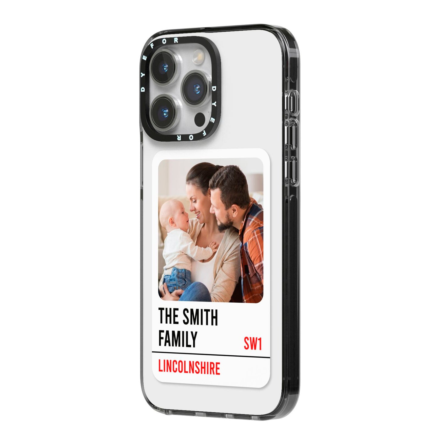 Street Sign Family Photo Upload iPhone 14 Pro Max Black Impact Case Side Angle on Silver phone