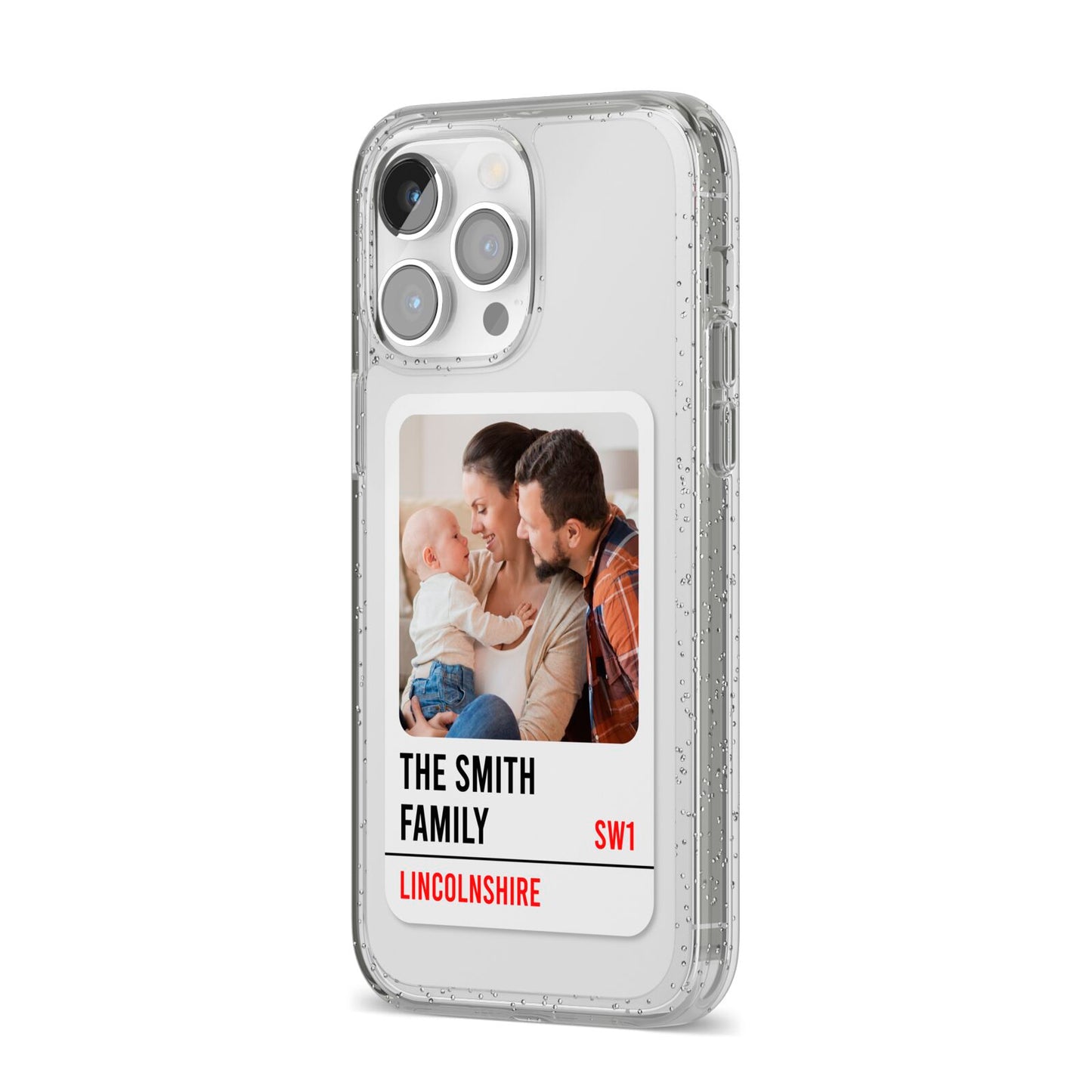 Street Sign Family Photo Upload iPhone 14 Pro Max Glitter Tough Case Silver Angled Image
