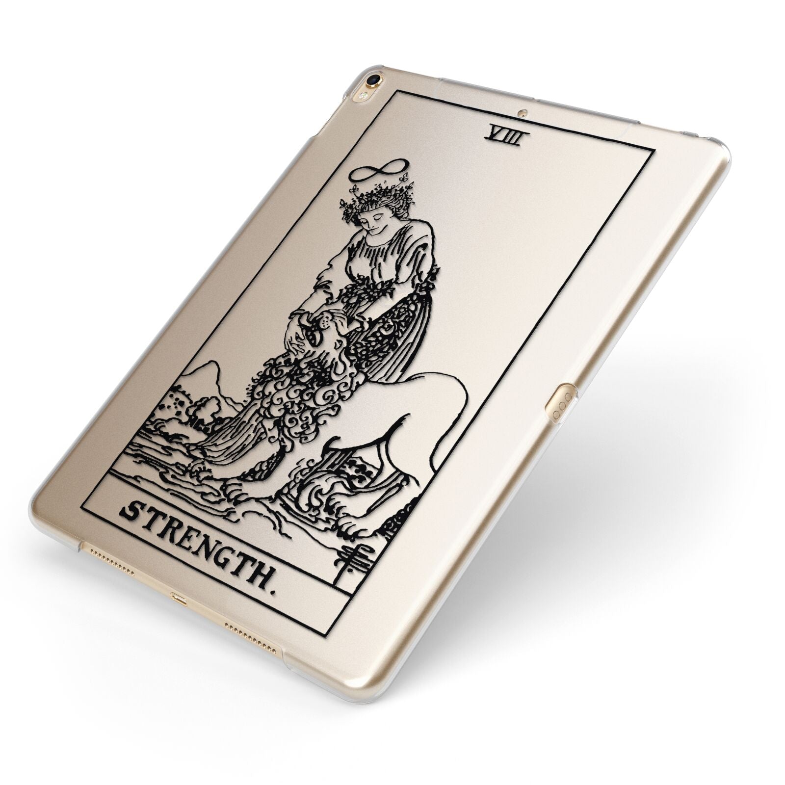 Strength Monochrome Tarot Card Apple iPad Case on Gold iPad Side View