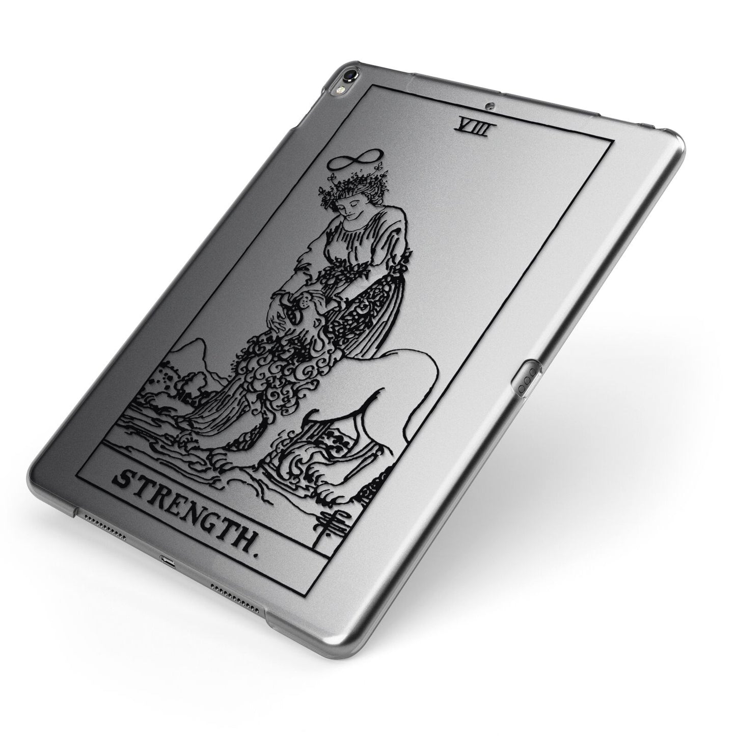 Strength Monochrome Tarot Card Apple iPad Case on Grey iPad Side View