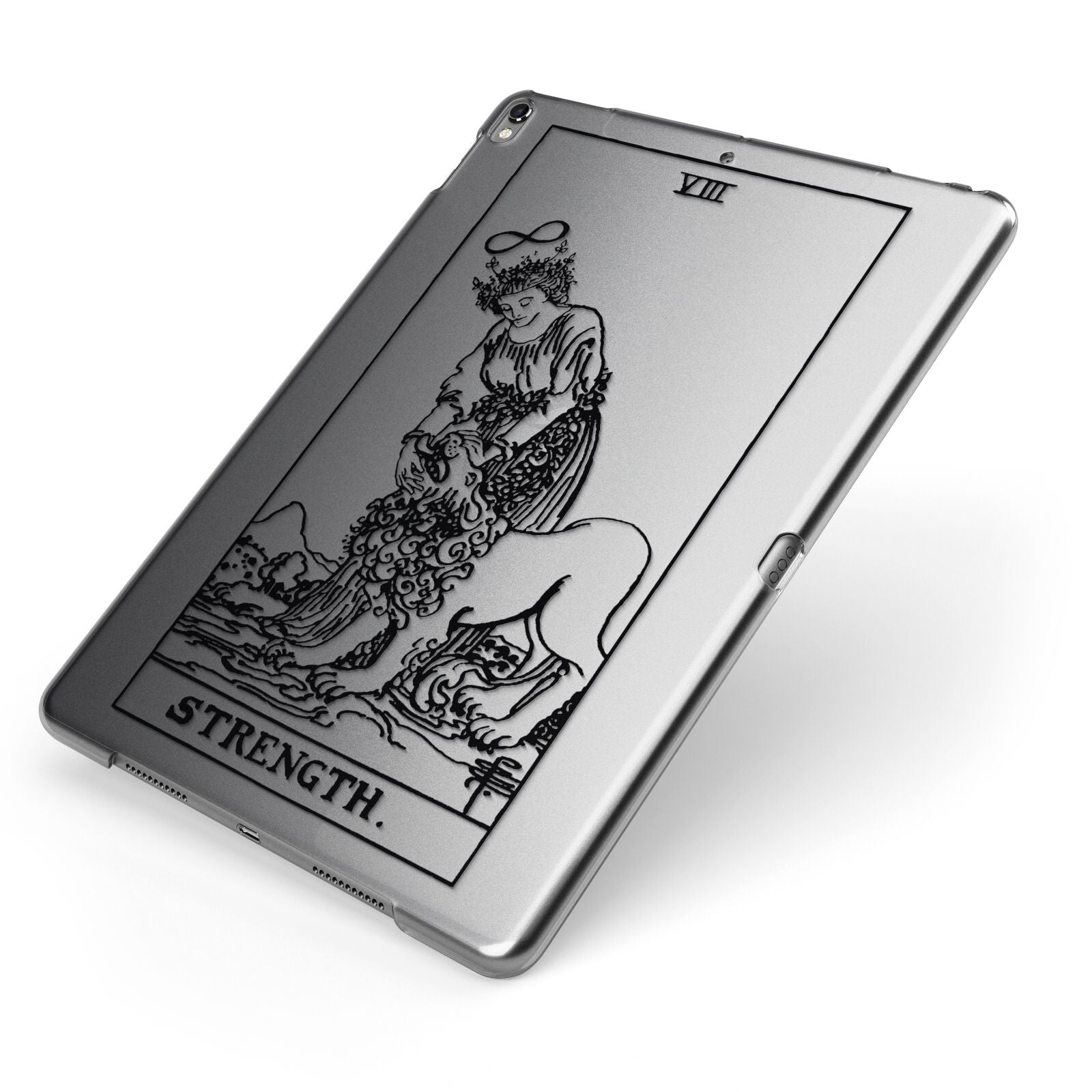 Strength Monochrome Tarot Card Apple iPad Case on Grey iPad Side View