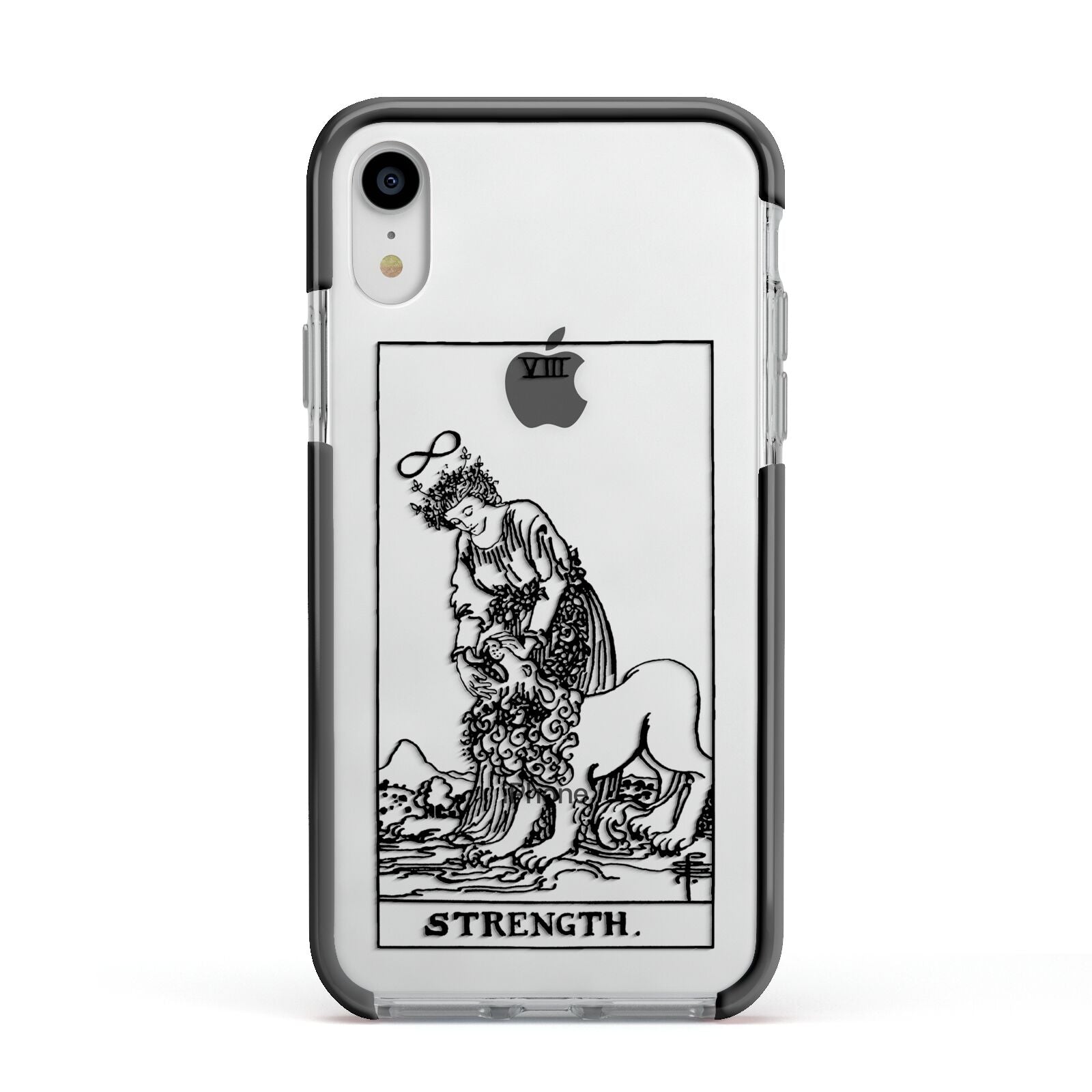 Strength Monochrome Tarot Card Apple iPhone XR Impact Case Black Edge on Silver Phone