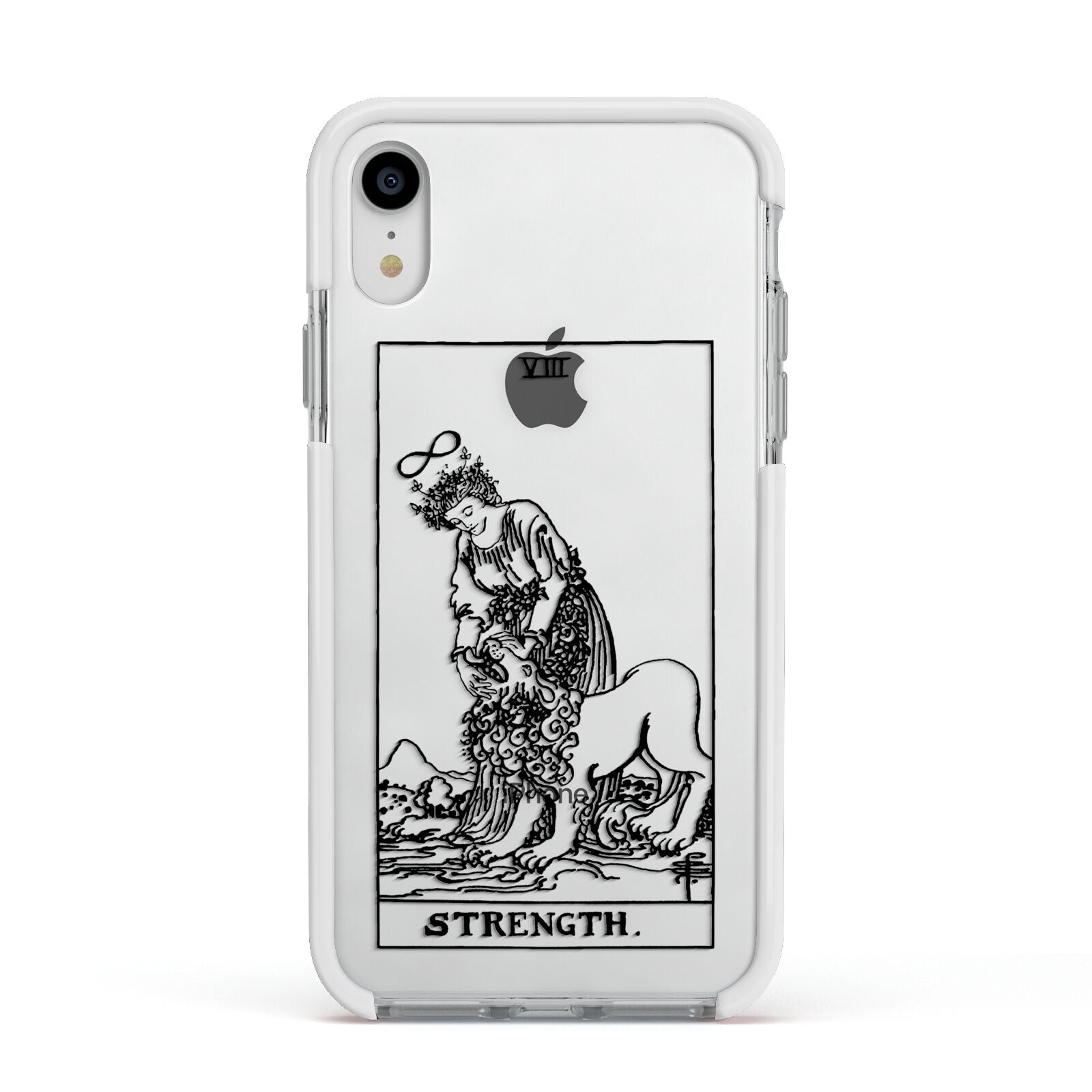 Strength Monochrome Tarot Card Apple iPhone XR Impact Case White Edge on Silver Phone