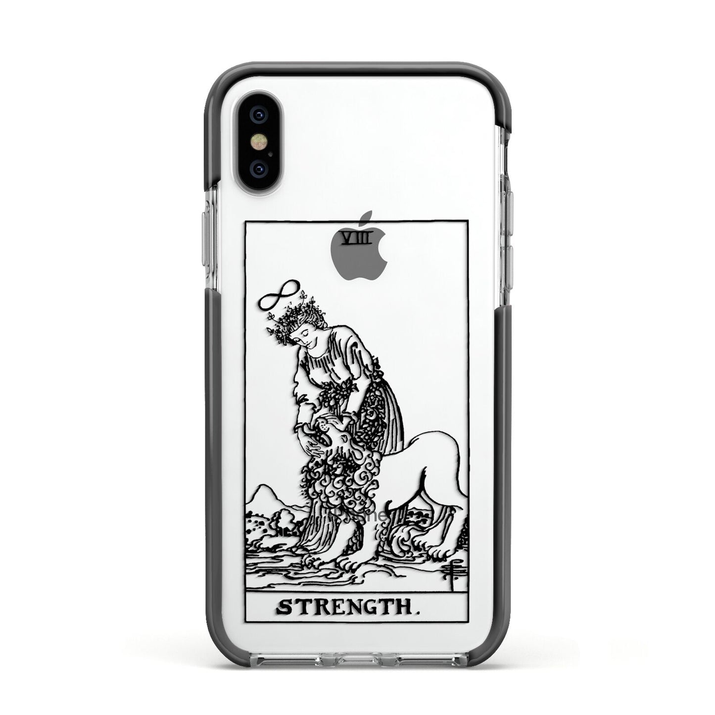 Strength Monochrome Tarot Card Apple iPhone Xs Impact Case Black Edge on Silver Phone