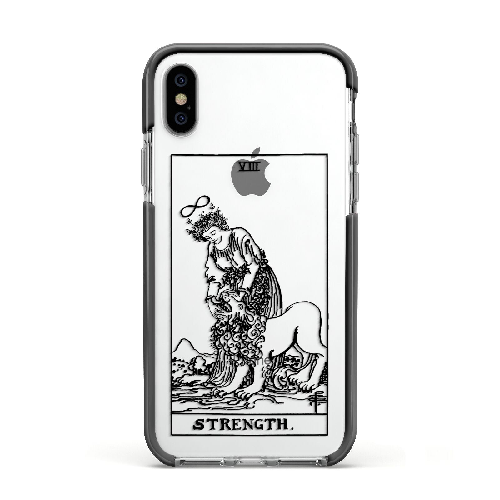 Strength Monochrome Tarot Card Apple iPhone Xs Impact Case Black Edge on Silver Phone