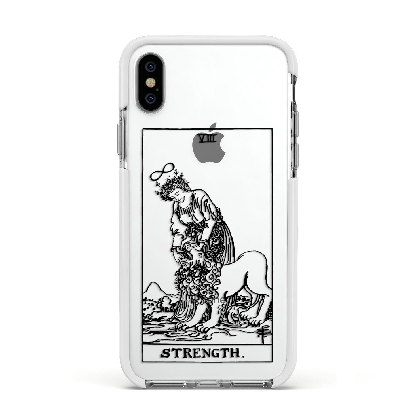 Strength Monochrome Tarot Card Apple iPhone Xs Impact Case White Edge on Silver Phone