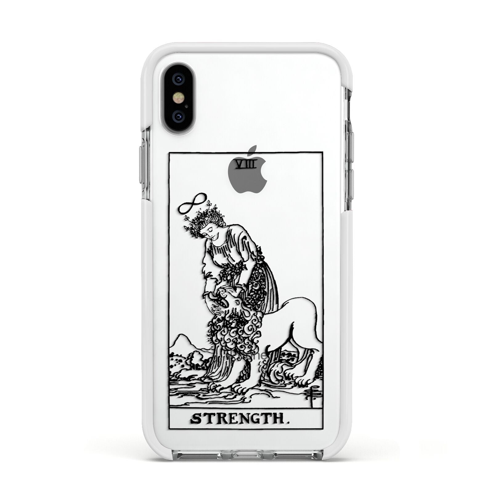 Strength Monochrome Tarot Card Apple iPhone Xs Impact Case White Edge on Silver Phone