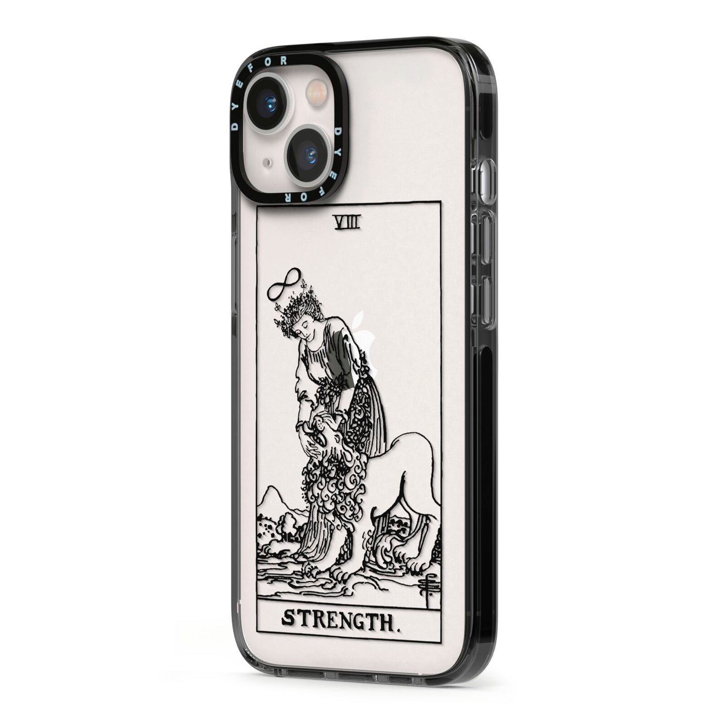 Strength Monochrome Tarot Card iPhone 13 Black Impact Case Side Angle on Silver phone