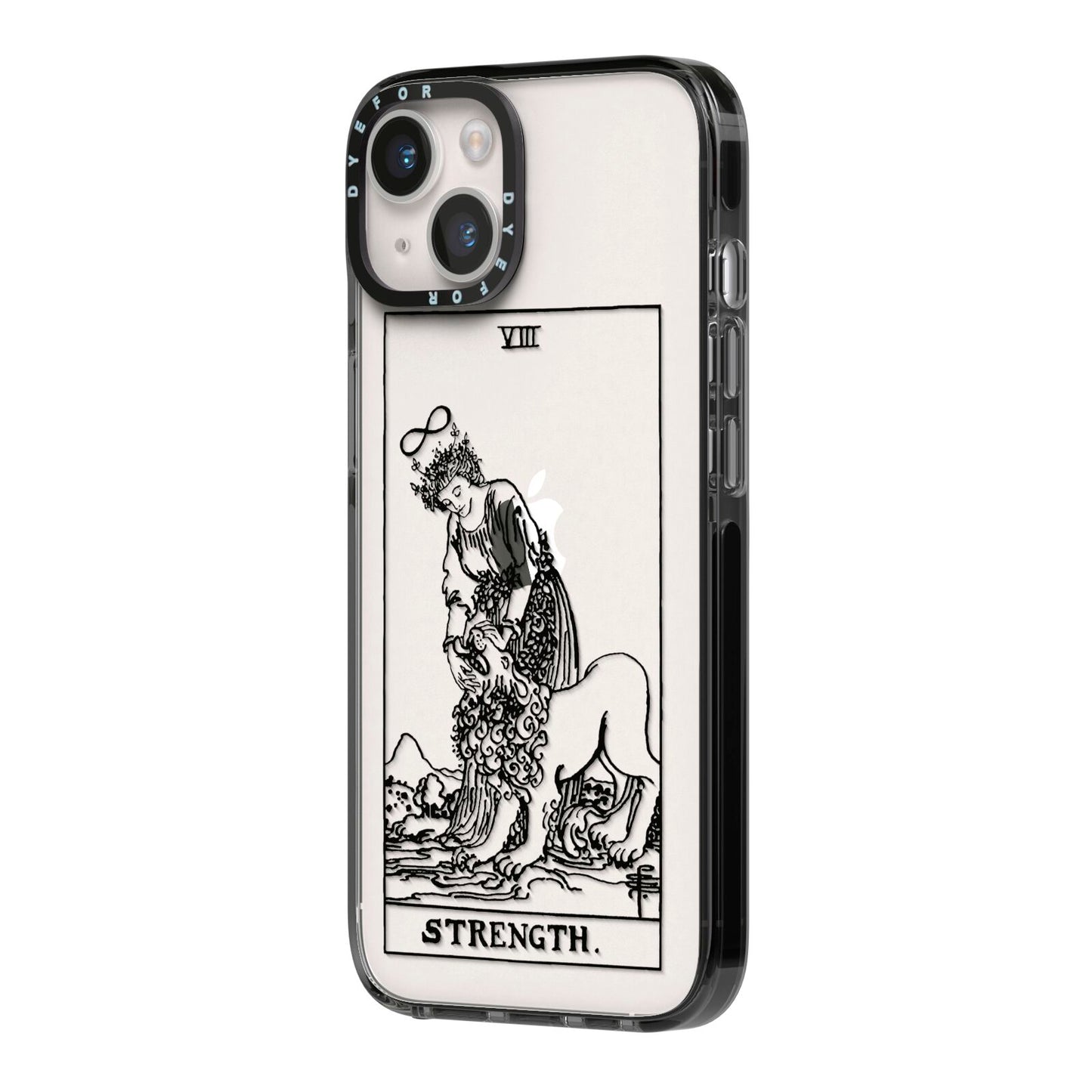 Strength Monochrome Tarot Card iPhone 14 Black Impact Case Side Angle on Silver phone