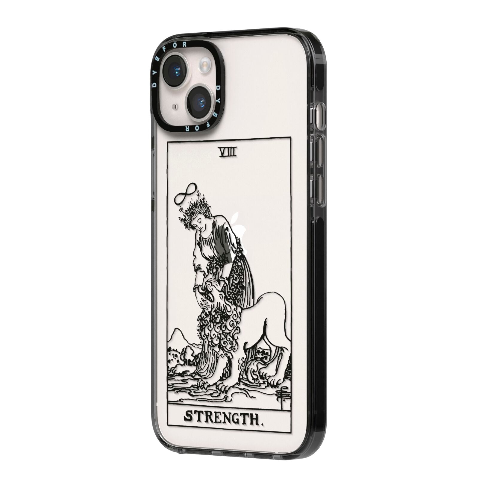 Strength Monochrome Tarot Card iPhone 14 Plus Black Impact Case Side Angle on Silver phone