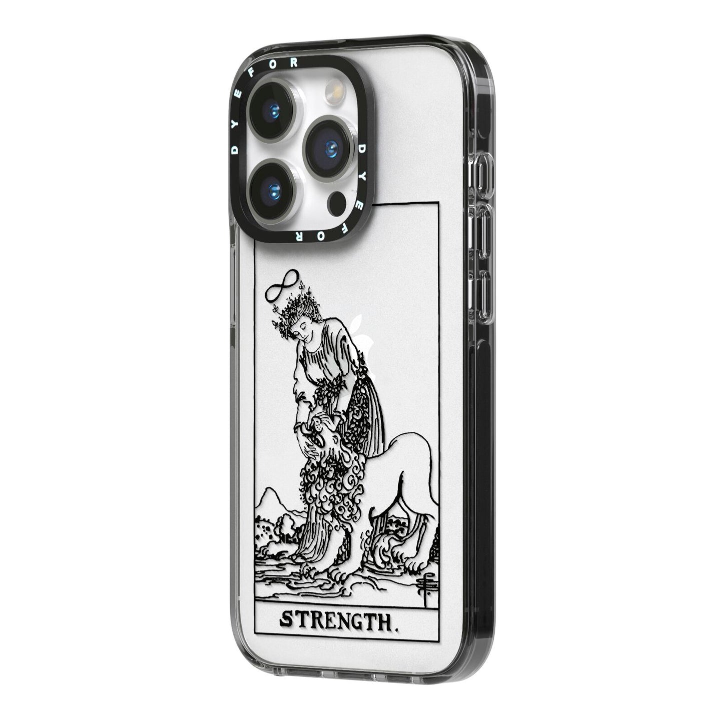Strength Monochrome Tarot Card iPhone 14 Pro Black Impact Case Side Angle on Silver phone