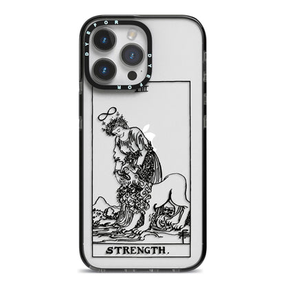 Strength Monochrome Tarot Card iPhone 14 Pro Max Black Impact Case on Silver phone