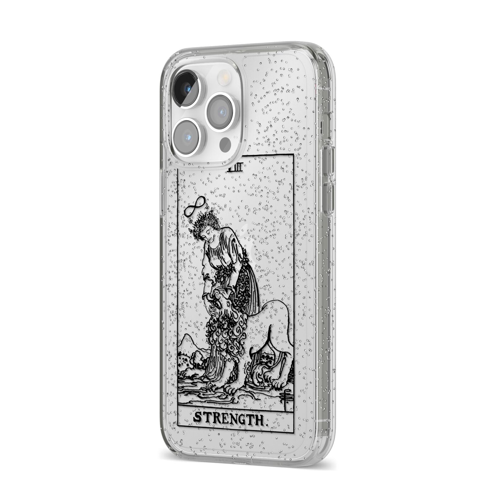 Strength Monochrome Tarot Card iPhone 14 Pro Max Glitter Tough Case Silver Angled Image
