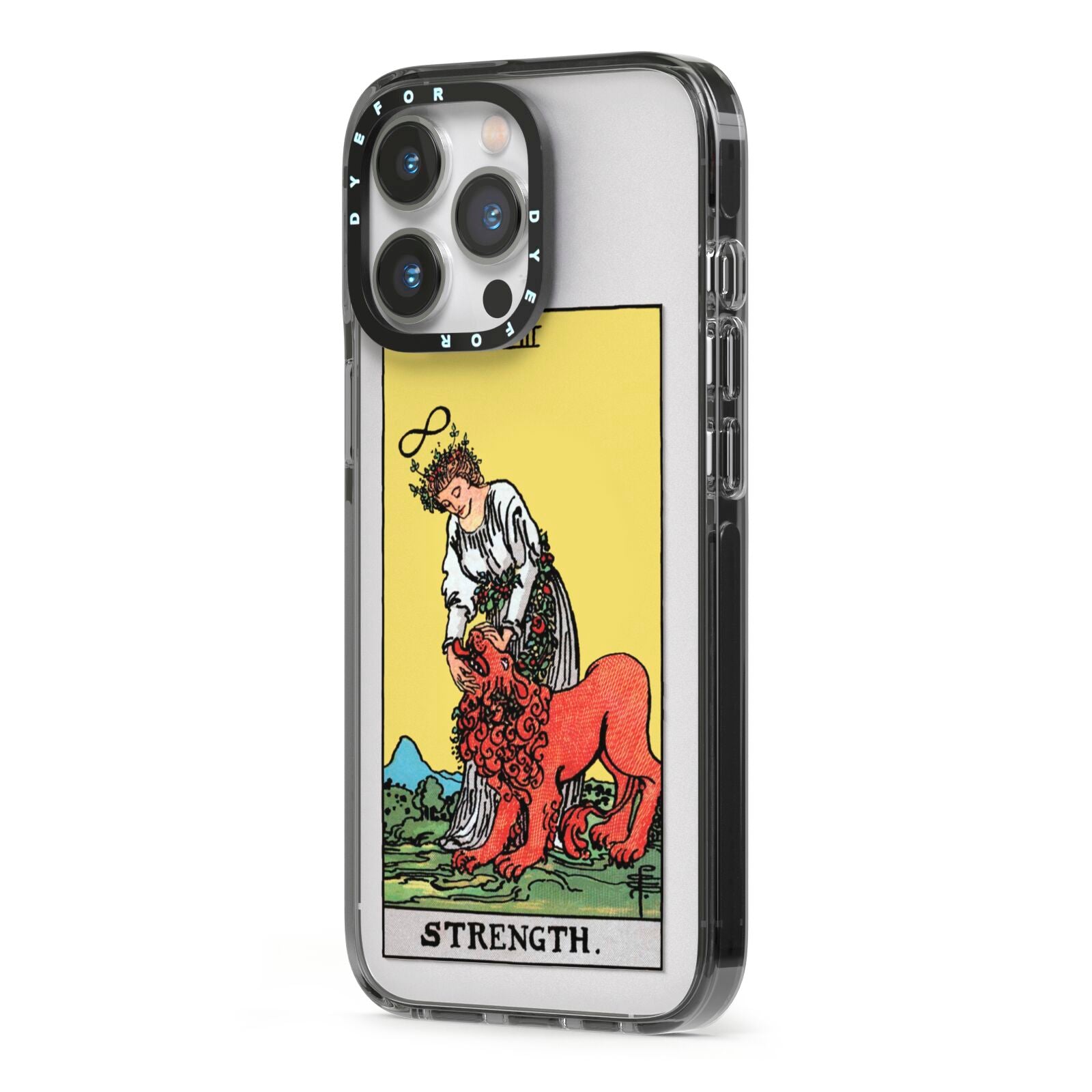 Strength Tarot Card iPhone 13 Pro Black Impact Case Side Angle on Silver phone