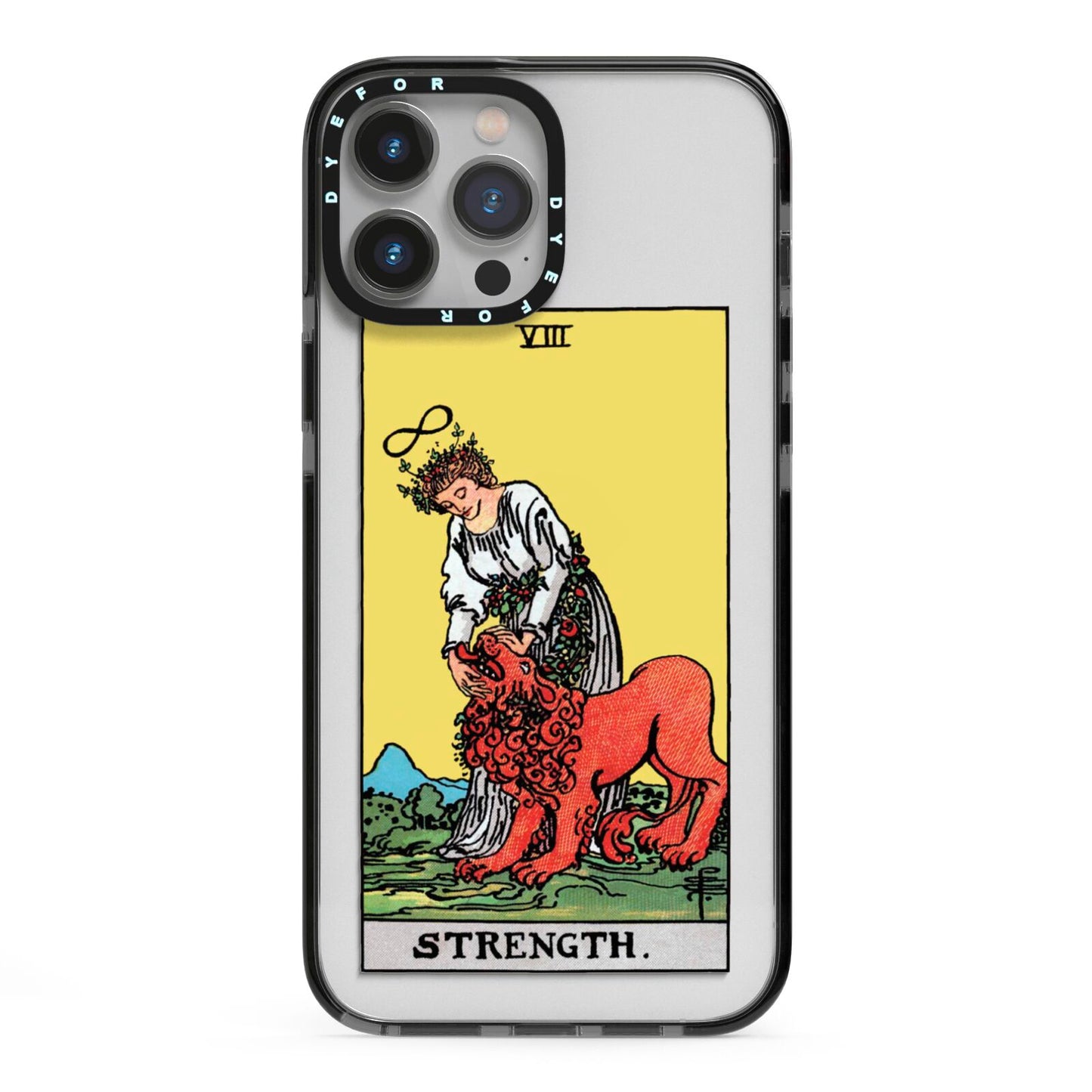 Strength Tarot Card iPhone 13 Pro Max Black Impact Case on Silver phone