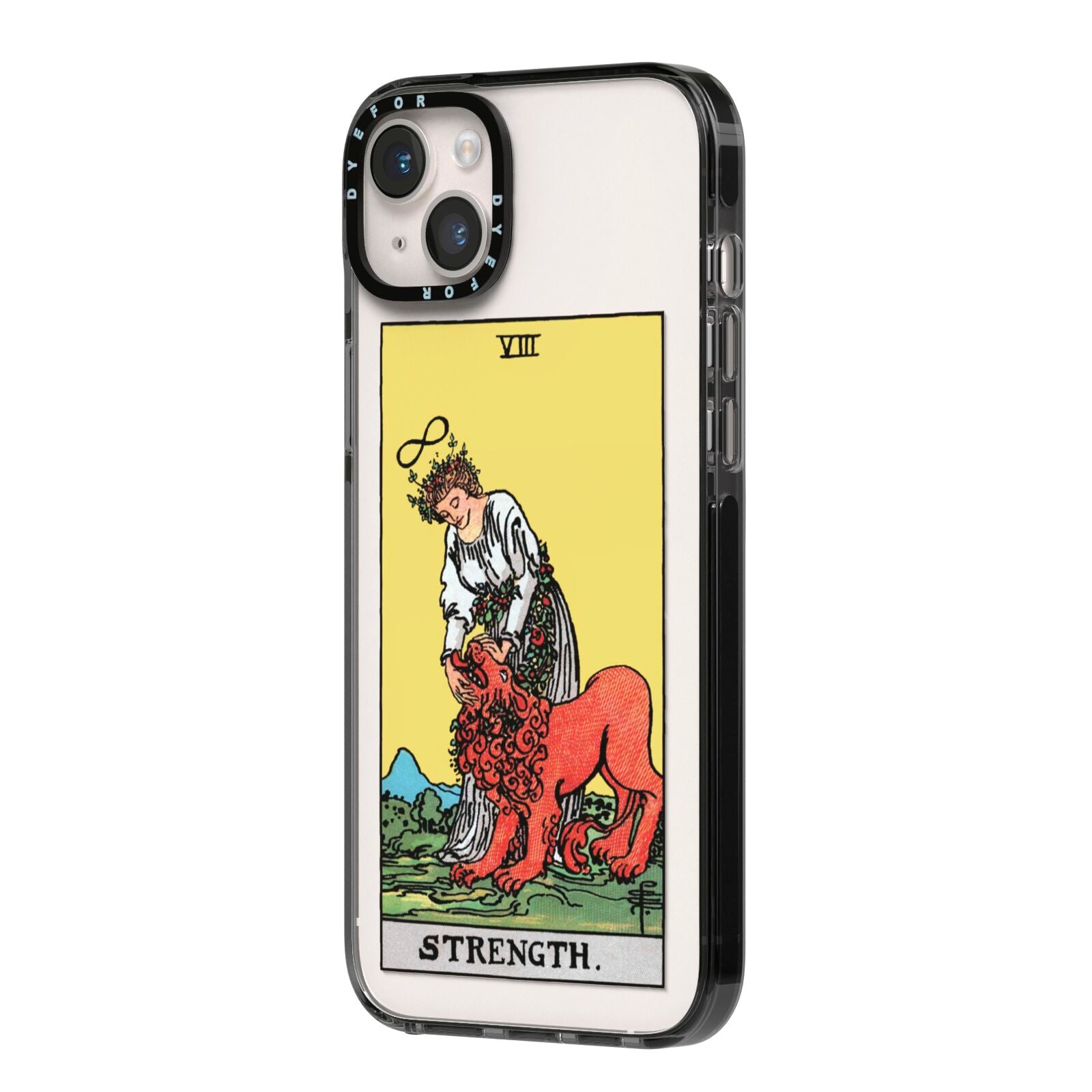 Strength Tarot Card iPhone 14 Plus Black Impact Case Side Angle on Silver phone
