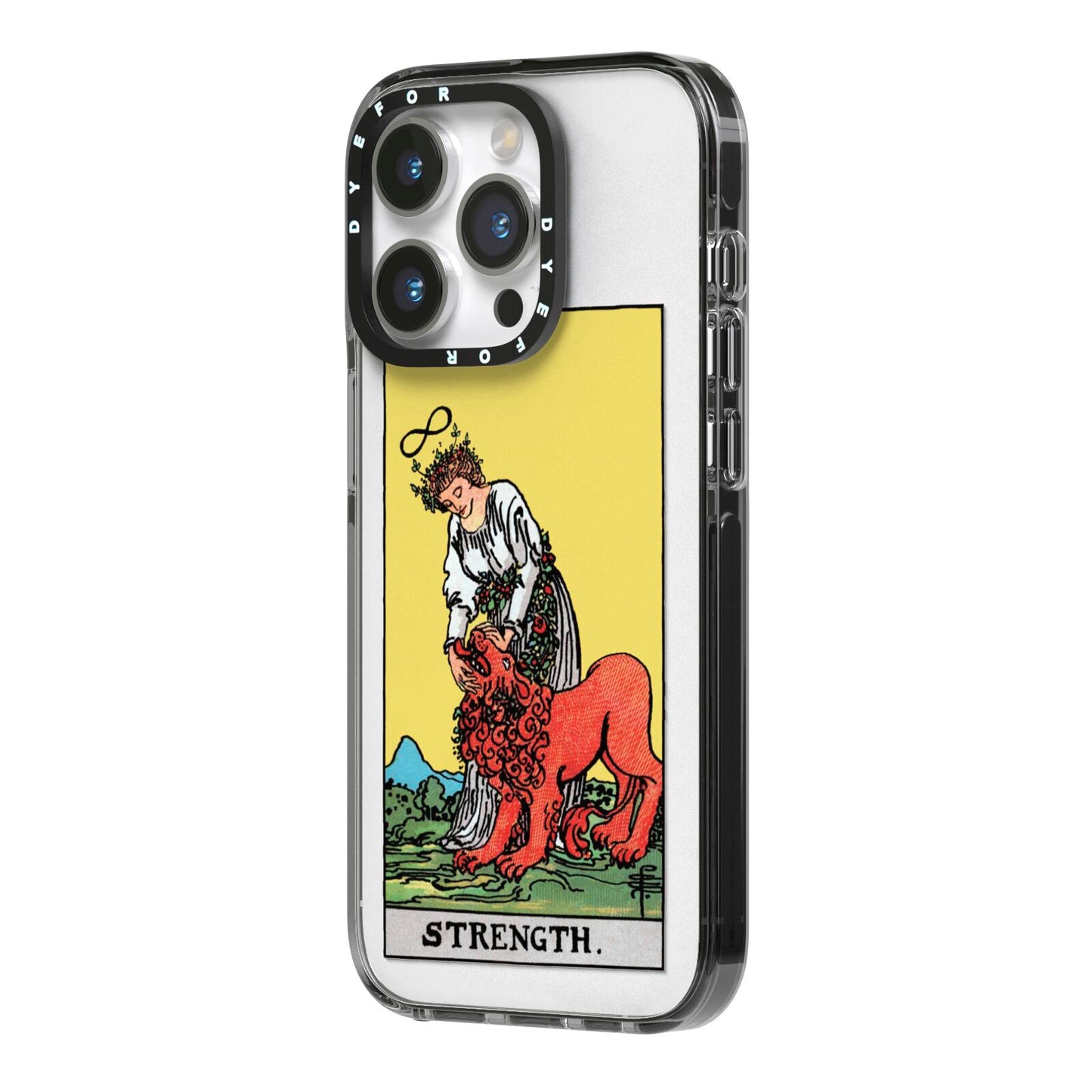 Strength Tarot Card iPhone 14 Pro Black Impact Case Side Angle on Silver phone