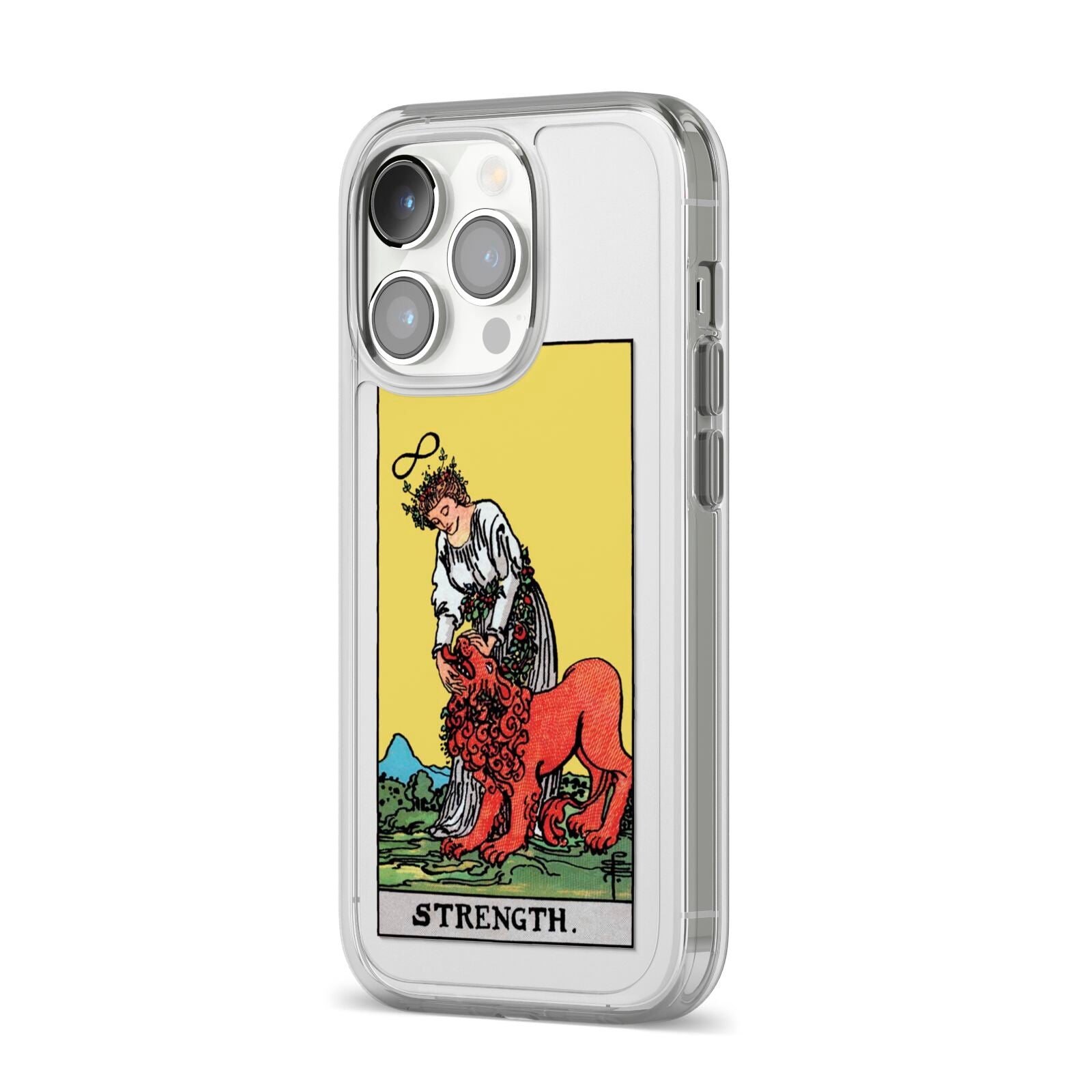 Strength Tarot Card iPhone 14 Pro Clear Tough Case Silver Angled Image