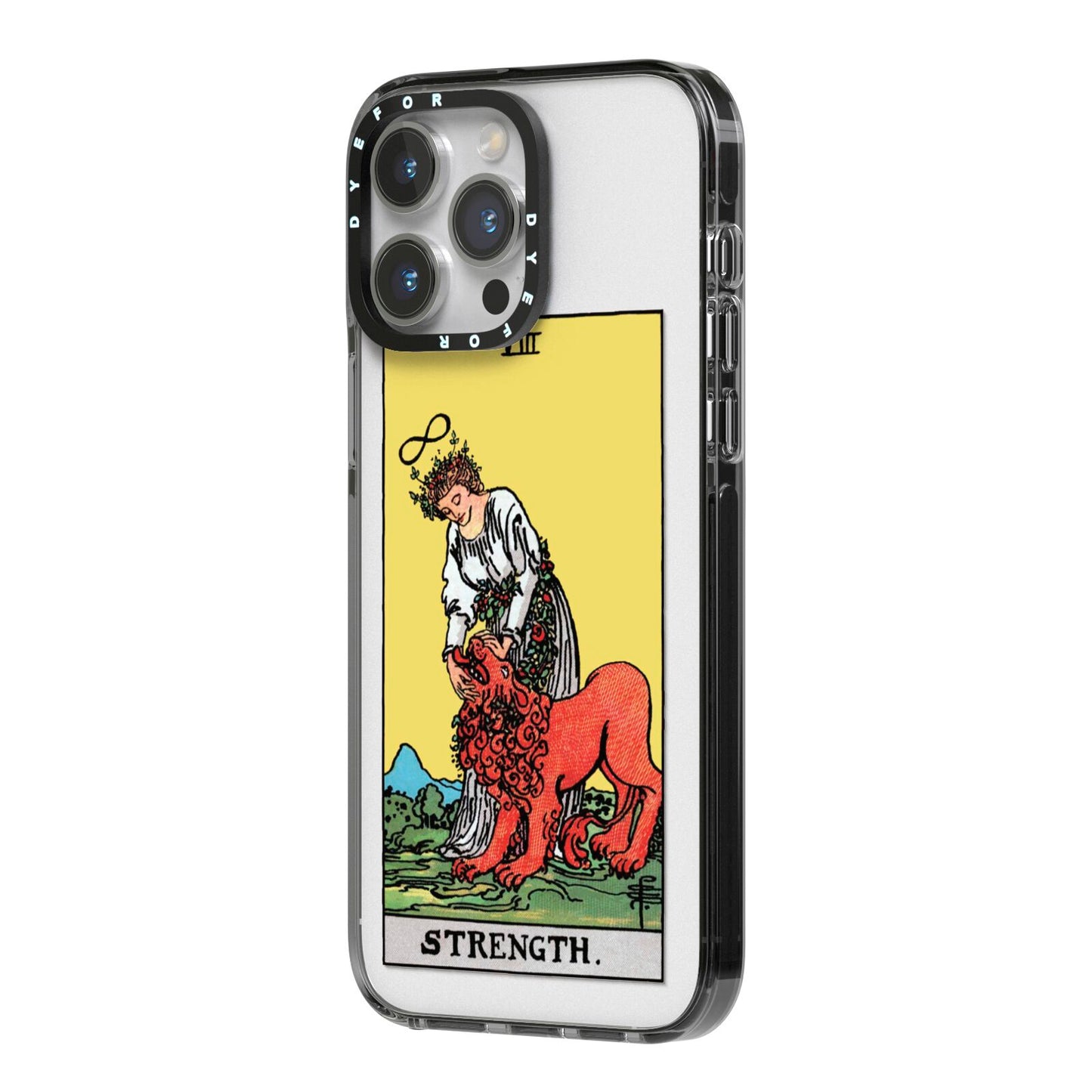 Strength Tarot Card iPhone 14 Pro Max Black Impact Case Side Angle on Silver phone